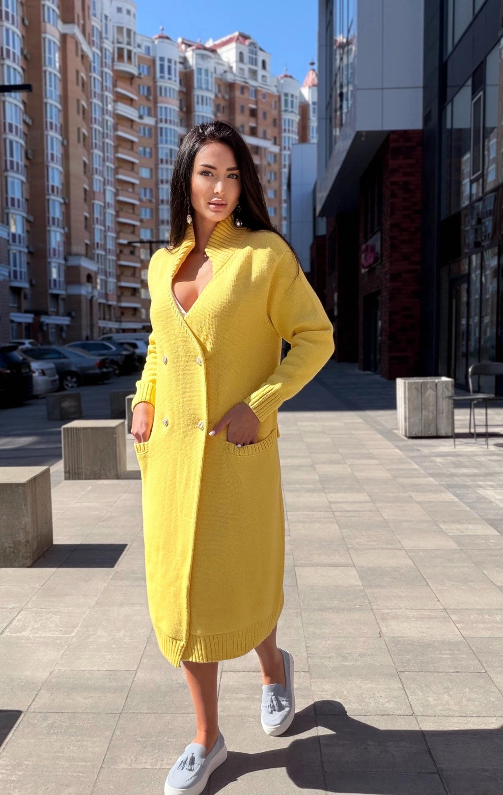 Hand knit Yellow midi wool knit large cardigan - turtleneck on buttons Cocoon knit midi V-neck high collar coat hand knit cardigan womens