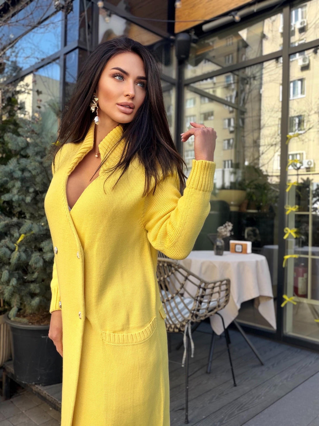 Hand knit Yellow midi wool knit large cardigan - turtleneck on buttons Cocoon knit midi V-neck high collar coat hand knit cardigan womens