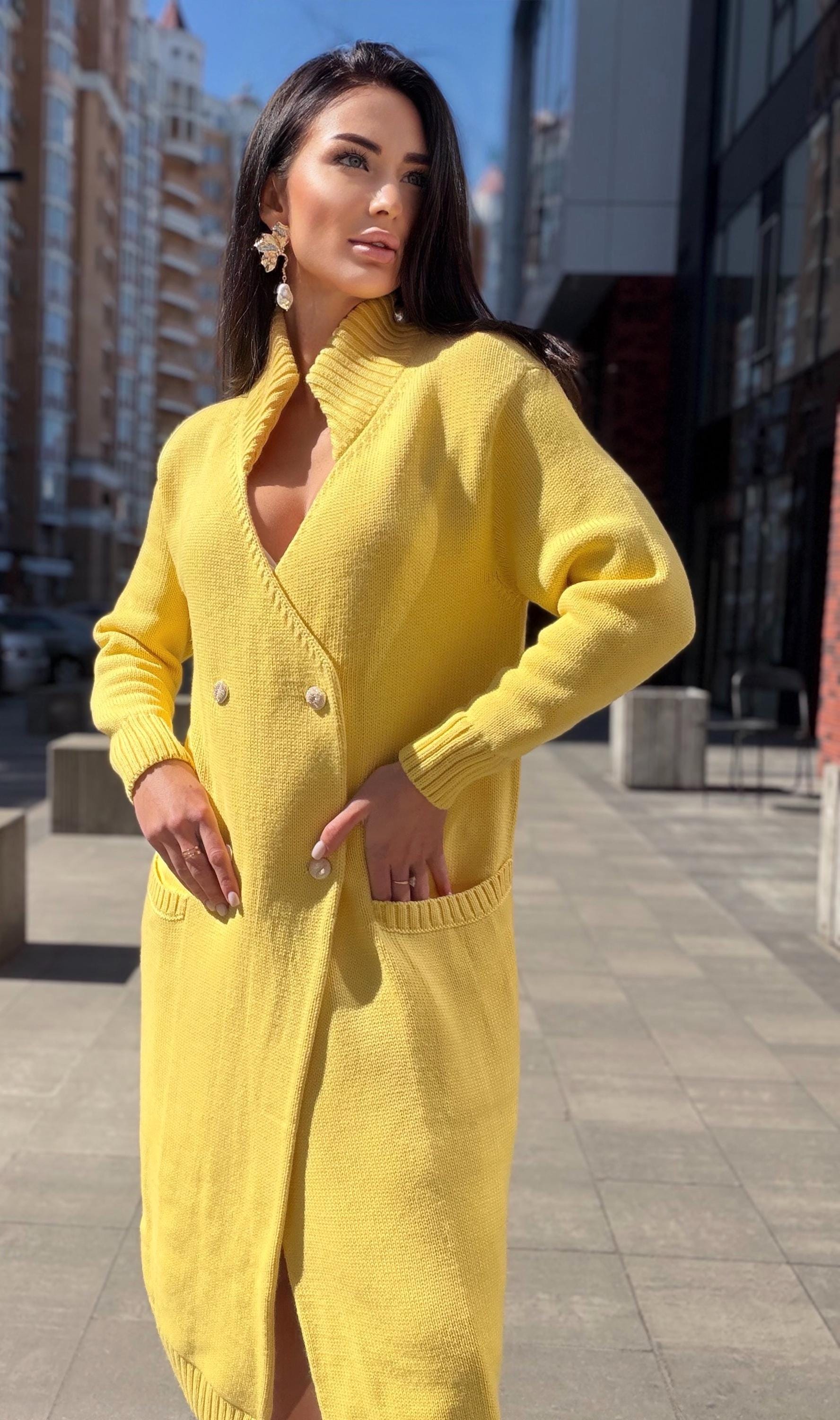 Hand knit Yellow midi wool knit large cardigan - turtleneck on buttons Cocoon knit midi V-neck high collar coat hand knit cardigan womens