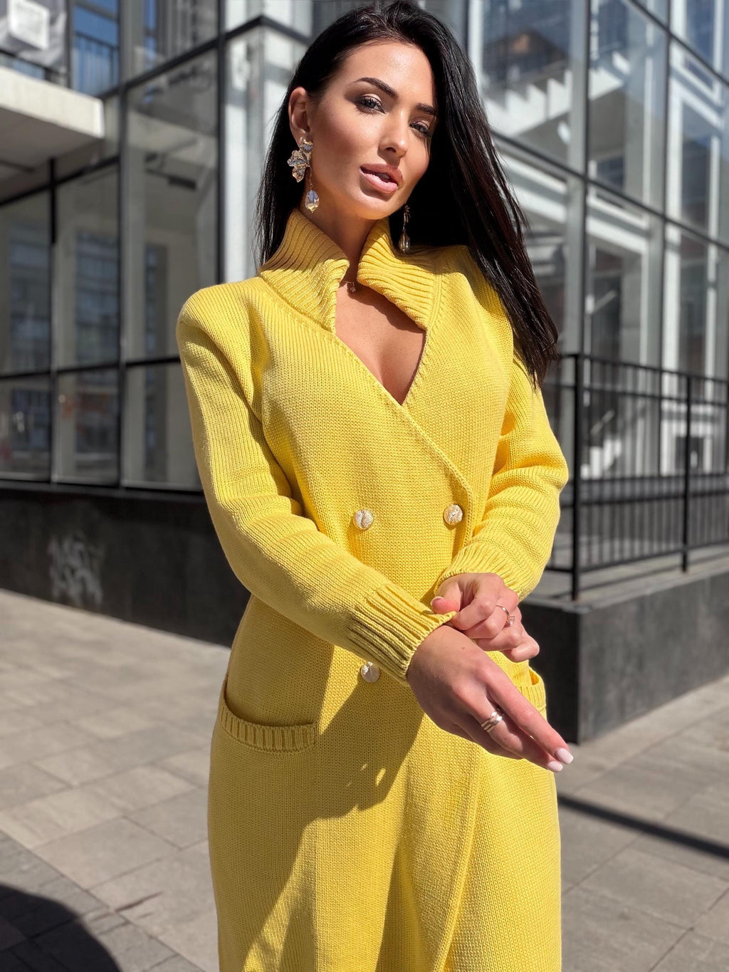 Yellow Sunny midi knit large wool cardigan on buttons Cocoon knit midi V-neck high collar coat hand knit cardigan womens