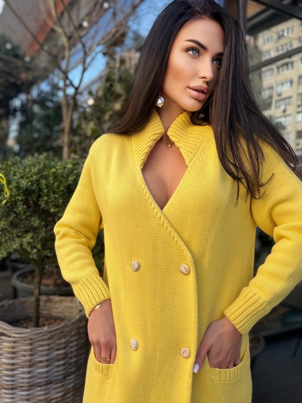Hand knit Yellow midi wool knit large cardigan - turtleneck on buttons Cocoon knit midi V-neck high collar coat hand knit cardigan womens