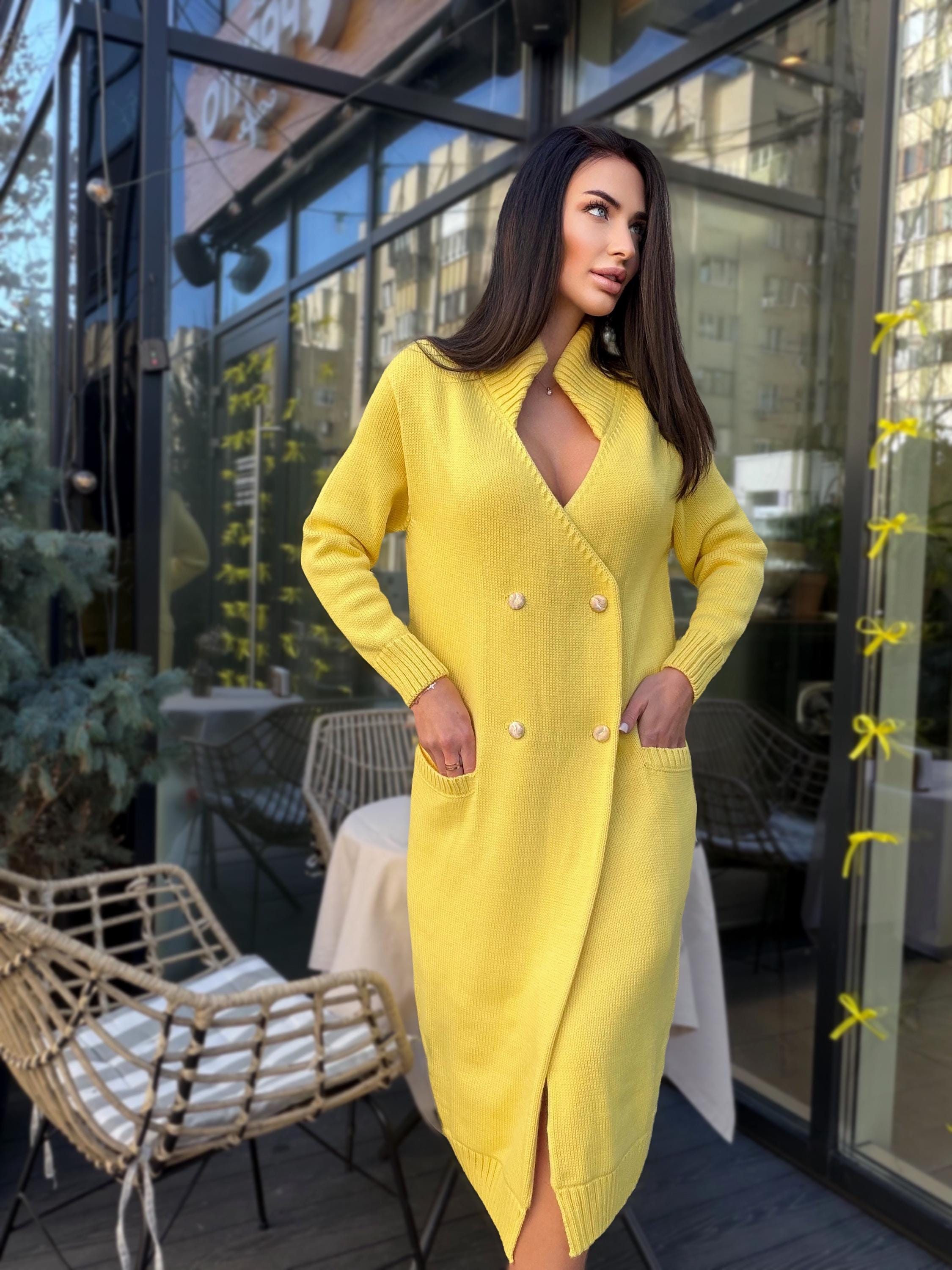 Hand knit Yellow midi wool knit large cardigan - turtleneck on buttons Cocoon knit midi V-neck high collar coat hand knit cardigan womens