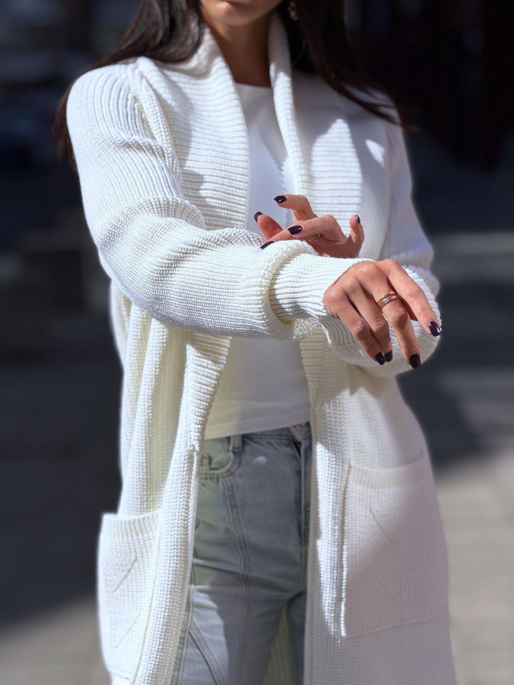 Hand knit wool midi white milk shawl collar cardigan womens Large oversized coat Chunky knit cardigan sweater Cocoon knit coat