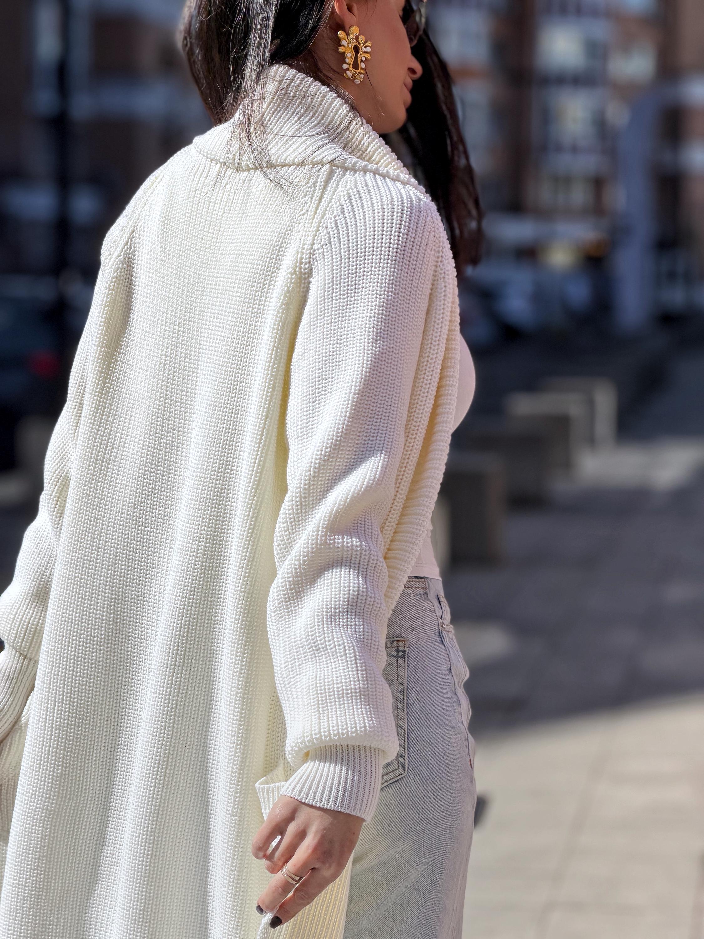 Hand knit wool midi white milk shawl collar cardigan womens Large oversized coat Chunky knit cardigan sweater Cocoon knit coat