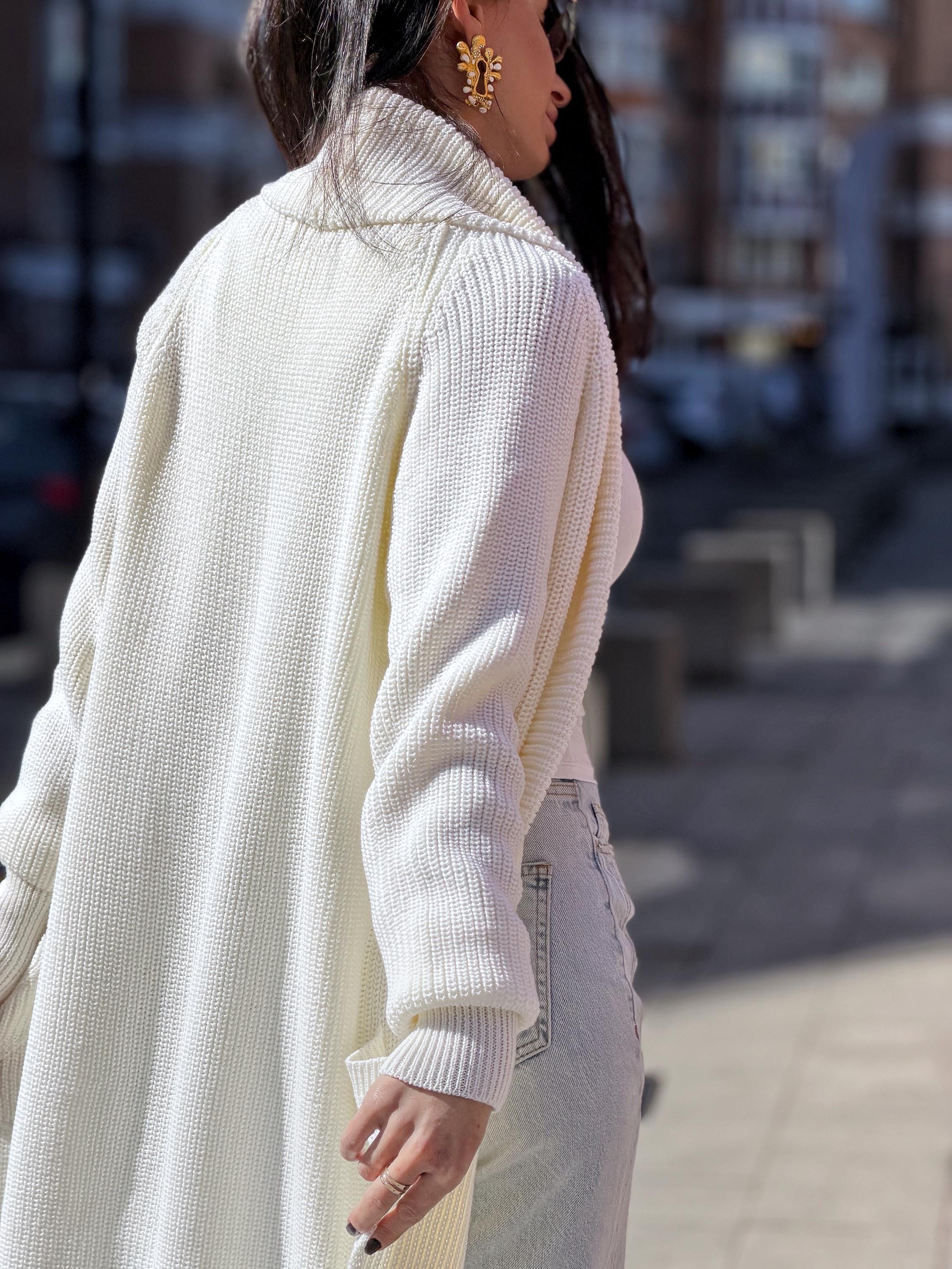 Hand knit wool midi white milk shawl collar cardigan womens Large oversized coat Chunky knit cardigan sweater Cocoon knit coat