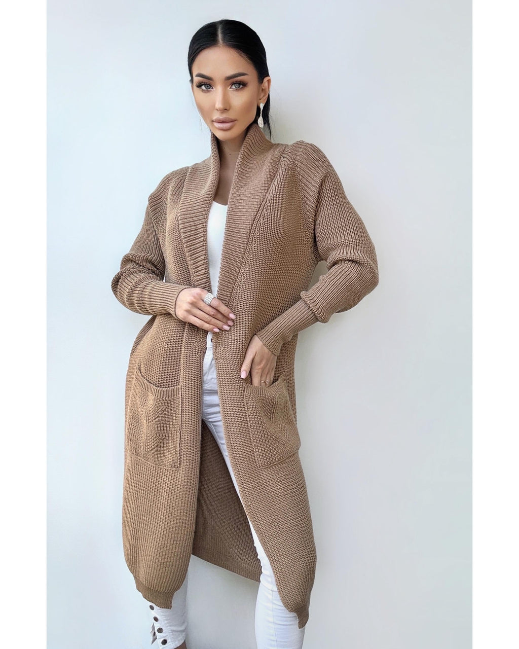 Chunky knit merino wool beige Midi knitted cardigan Long Brown Pastel oversized coat Cardigan sweater cable knit coat Cocoon knit coat