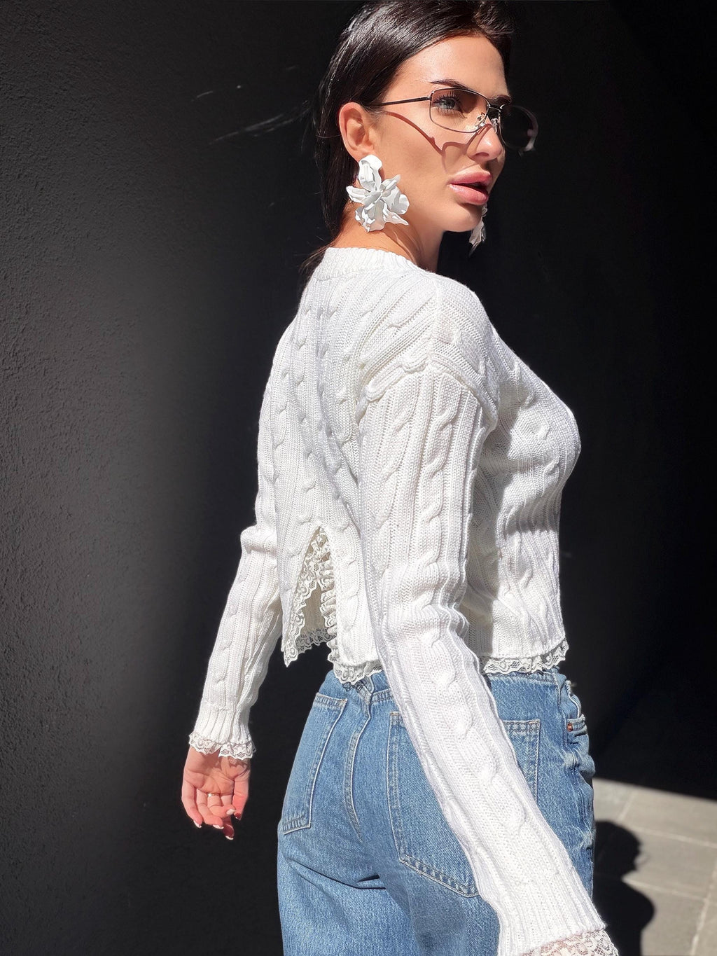 Knit cropped white milk sweater - top with slit on the back & delicate lace Cable knit wool spring pullover Oversize crop Cream Ivory