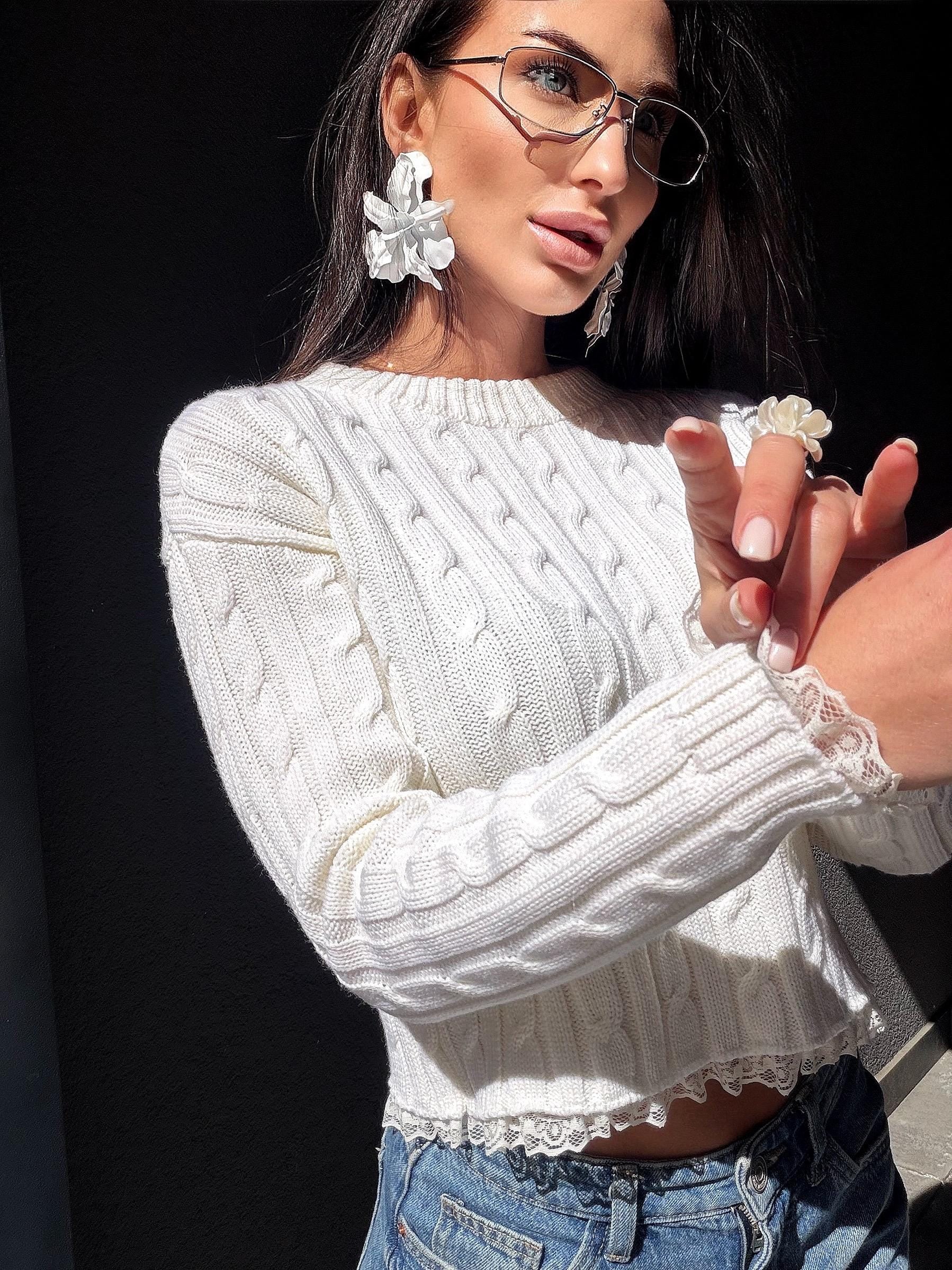 Knit cropped white milk sweater - top with slit on the back & delicate lace Cable knit wool spring pullover Oversize crop Cream Ivory