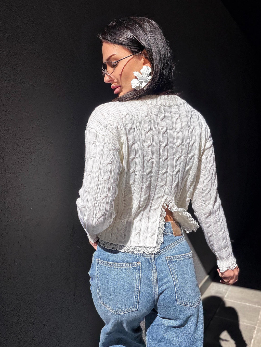 Knit cropped white milk sweater - top with slit on the back & delicate lace Cable knit wool spring pullover Oversize crop Cream Ivory