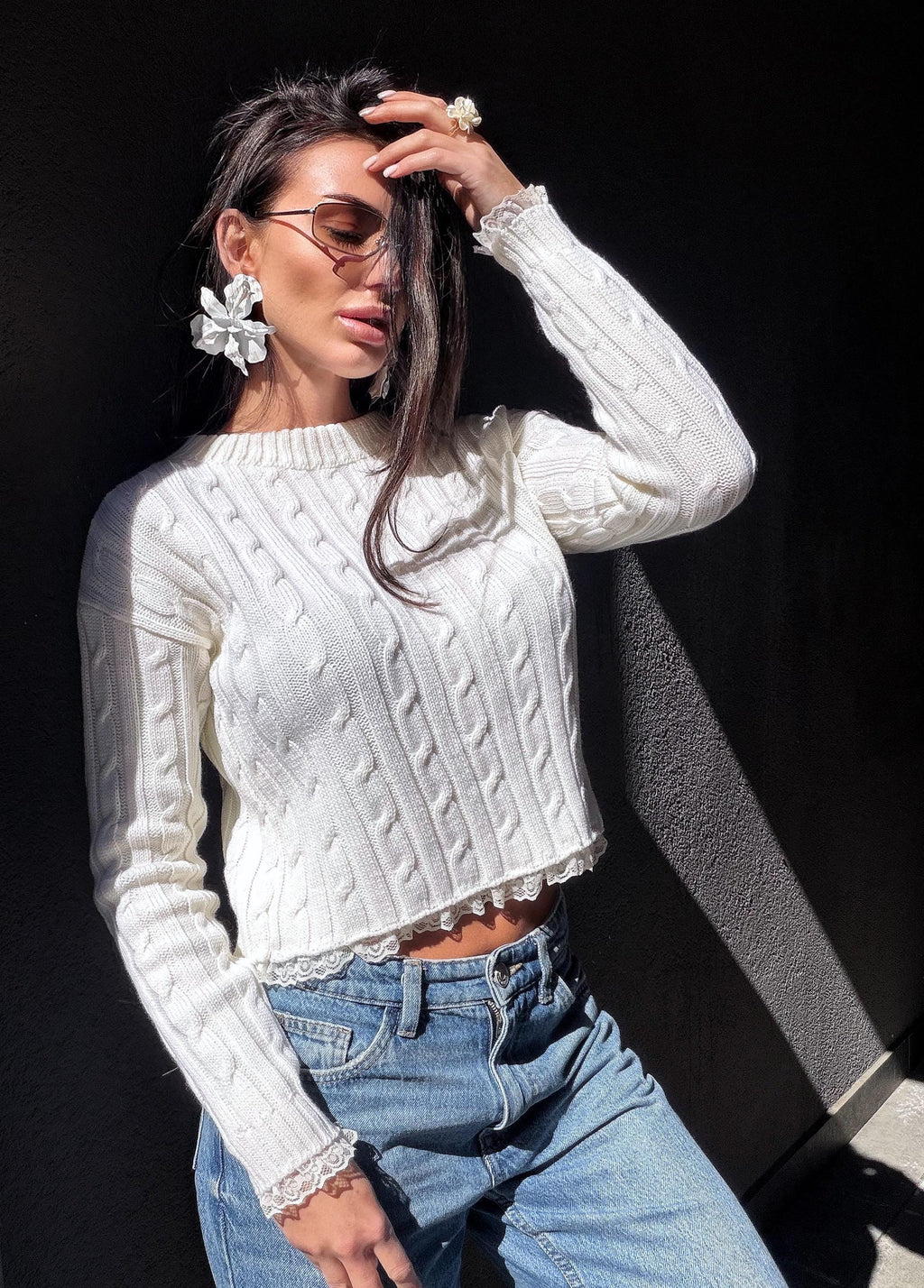 Knit cropped white milk sweater - top with slit on the back & delicate lace Cable knit wool spring pullover Oversize crop Cream Ivory