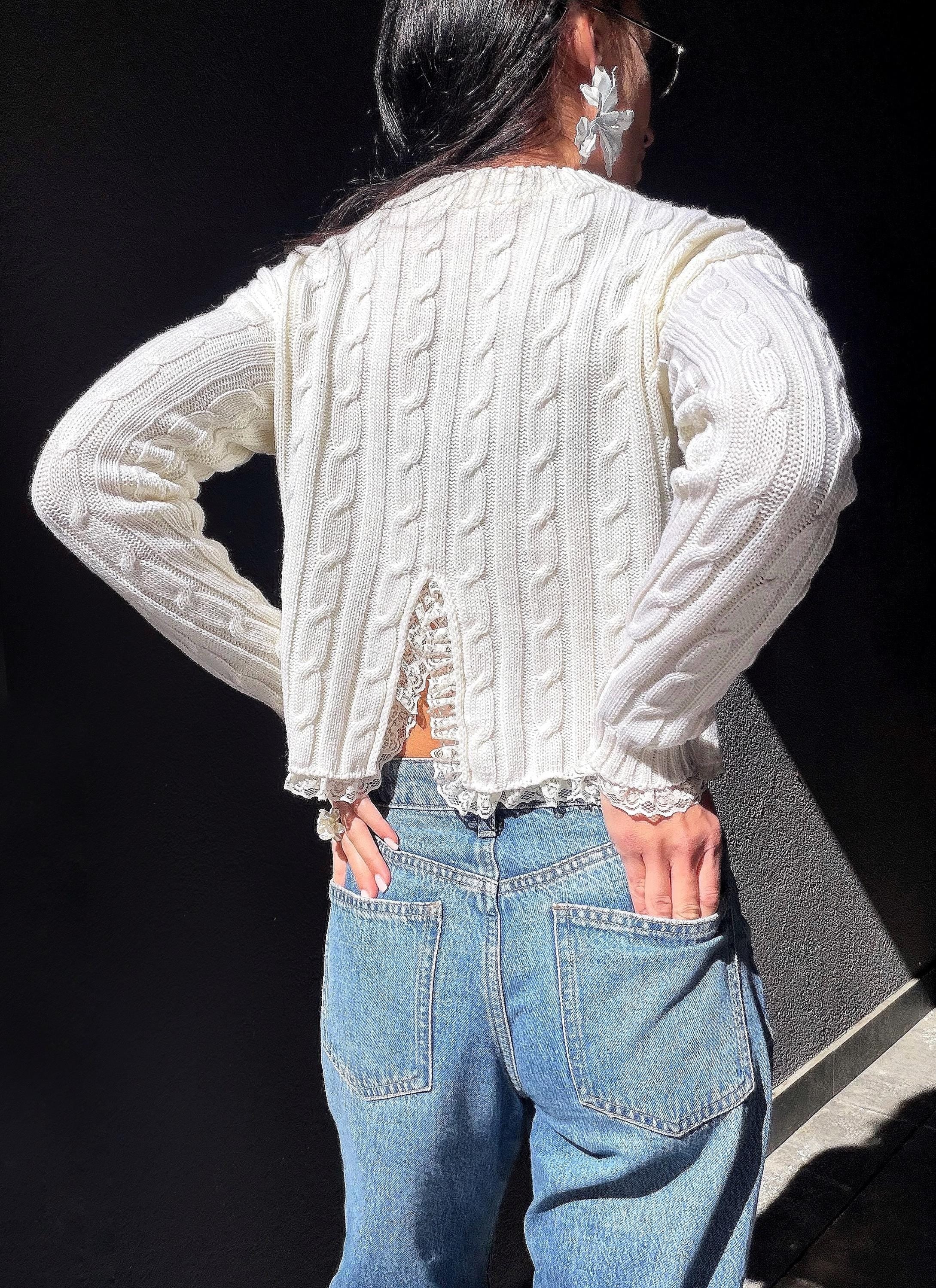 Knit cropped white milk sweater - top with slit on the back & delicate lace Cable knit wool spring pullover Oversize crop Cream Ivory
