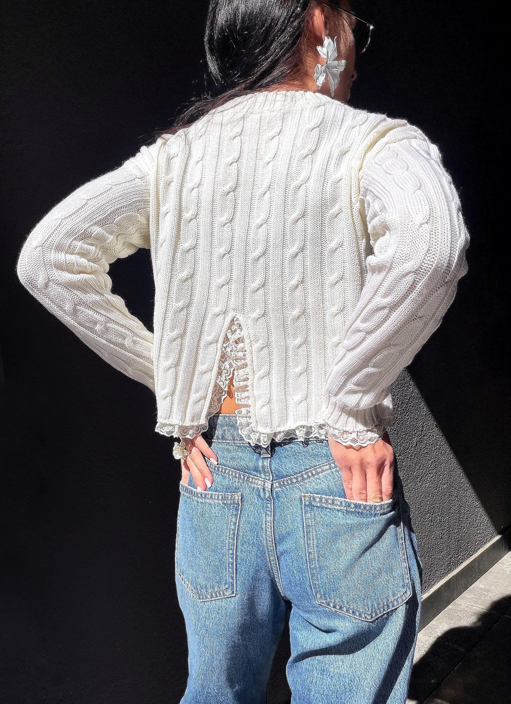 Knit cropped white milk sweater - top with slit on the back & delicate lace Cable knit wool spring pullover Oversize crop Cream Ivory