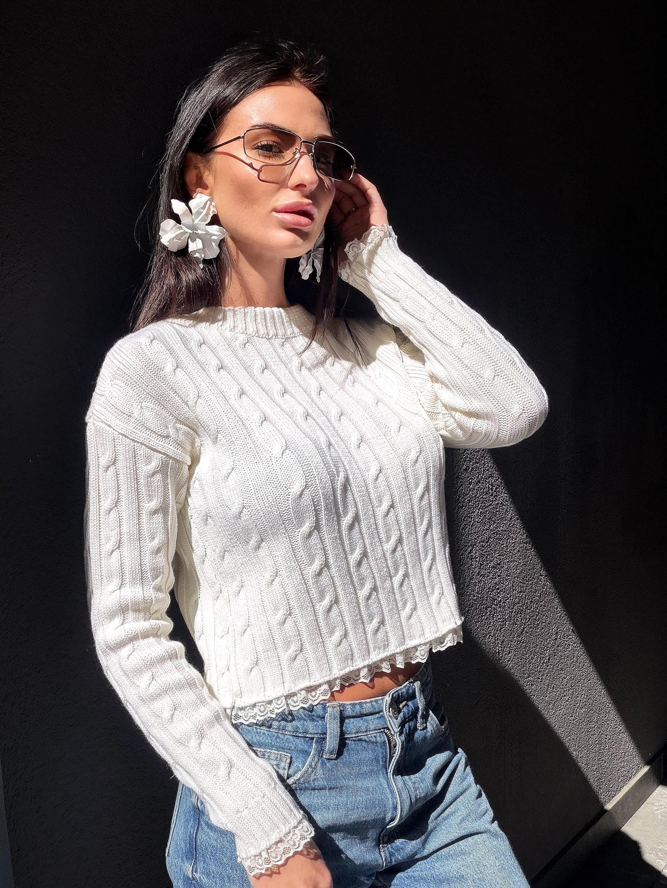 Knit cropped white milk sweater - top with slit on the back & delicate lace Cable knit wool spring pullover Oversize crop Cream Ivory