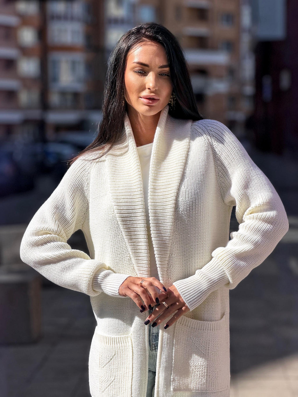 Hand knit wool midi white milk shawl collar cardigan womens Large oversized coat Chunky knit cardigan sweater Cocoon knit coat