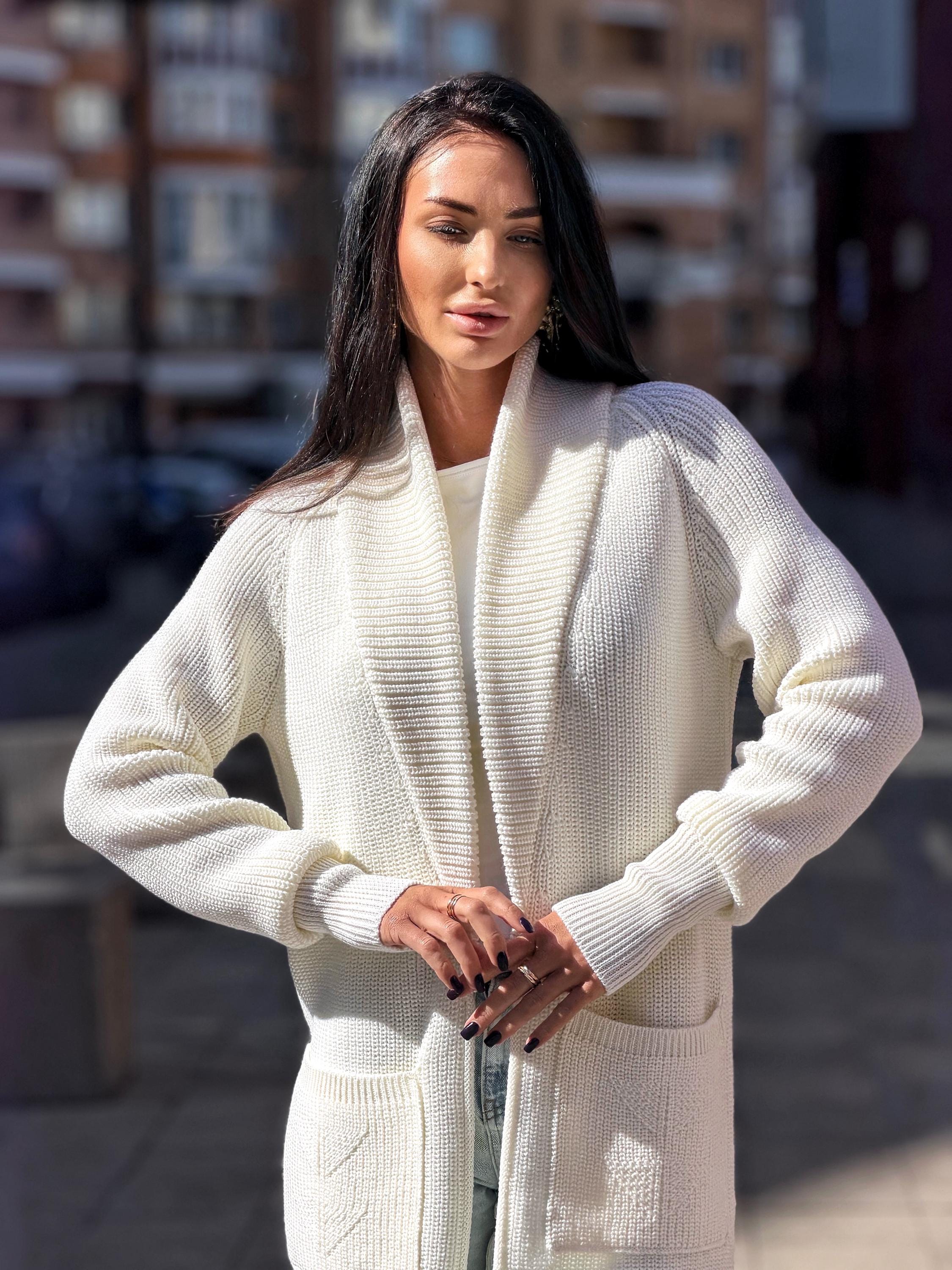 Hand knit wool midi white milk shawl collar cardigan womens Large oversized coat Chunky knit cardigan sweater Cocoon knit coat