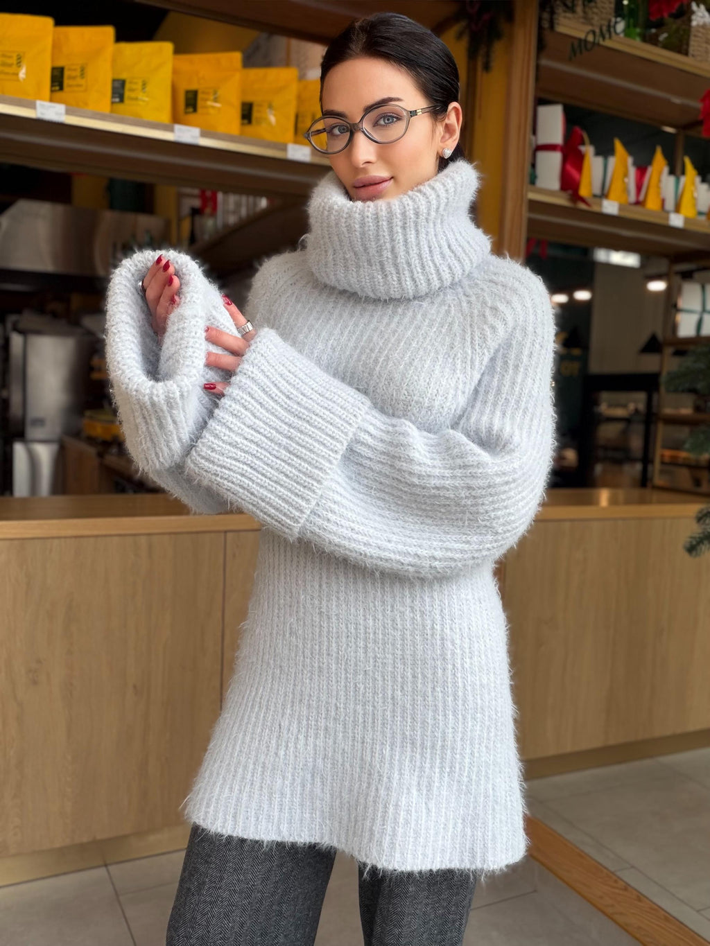 Hand knit Light blue gray fluffy large merino wool turtleneck sweater High collar long soft chunky knit sweater dress Knit big pullover