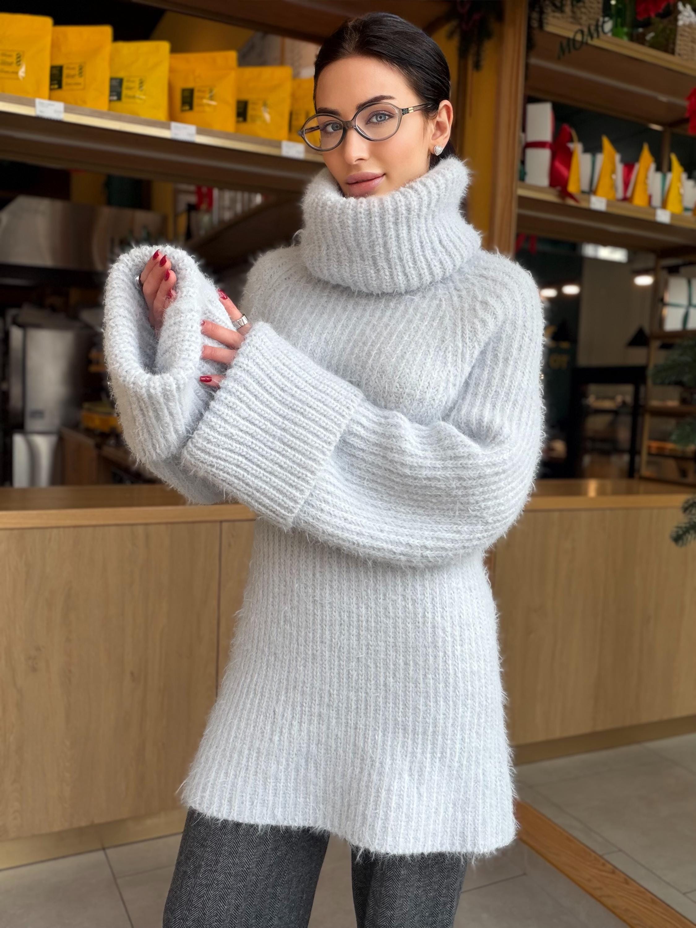 Hand knit Light blue gray fluffy large merino wool turtleneck sweater High collar long soft chunky knit sweater dress Knit big pullover