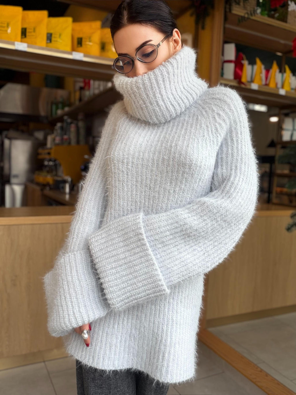 Hand knit Light blue gray fluffy large merino wool turtleneck sweater High collar long soft chunky knit sweater dress Knit big pullover