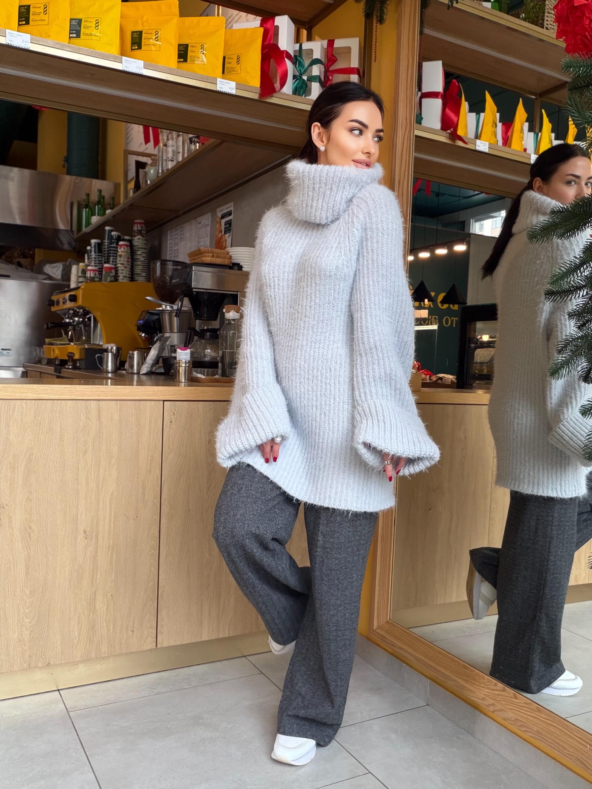 Hand knit Light blue gray fluffy large merino wool turtleneck sweater High collar long soft chunky knit sweater dress Knit big pullover