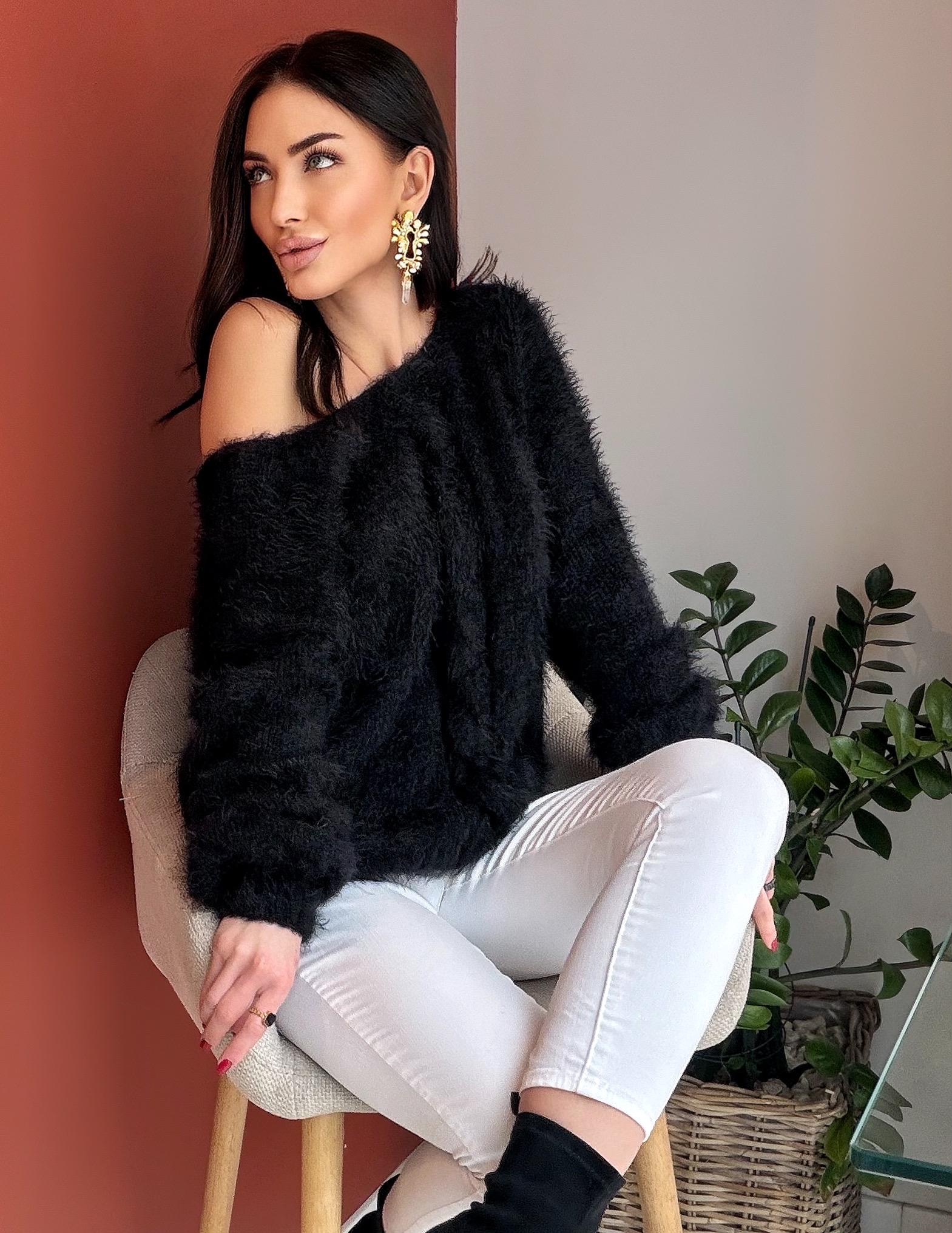 Black soft fluffy wool-free sweater Hand knit body friendly sweater Open back Deep neckline Fluffy pullover Loose fit V-neck angora wool