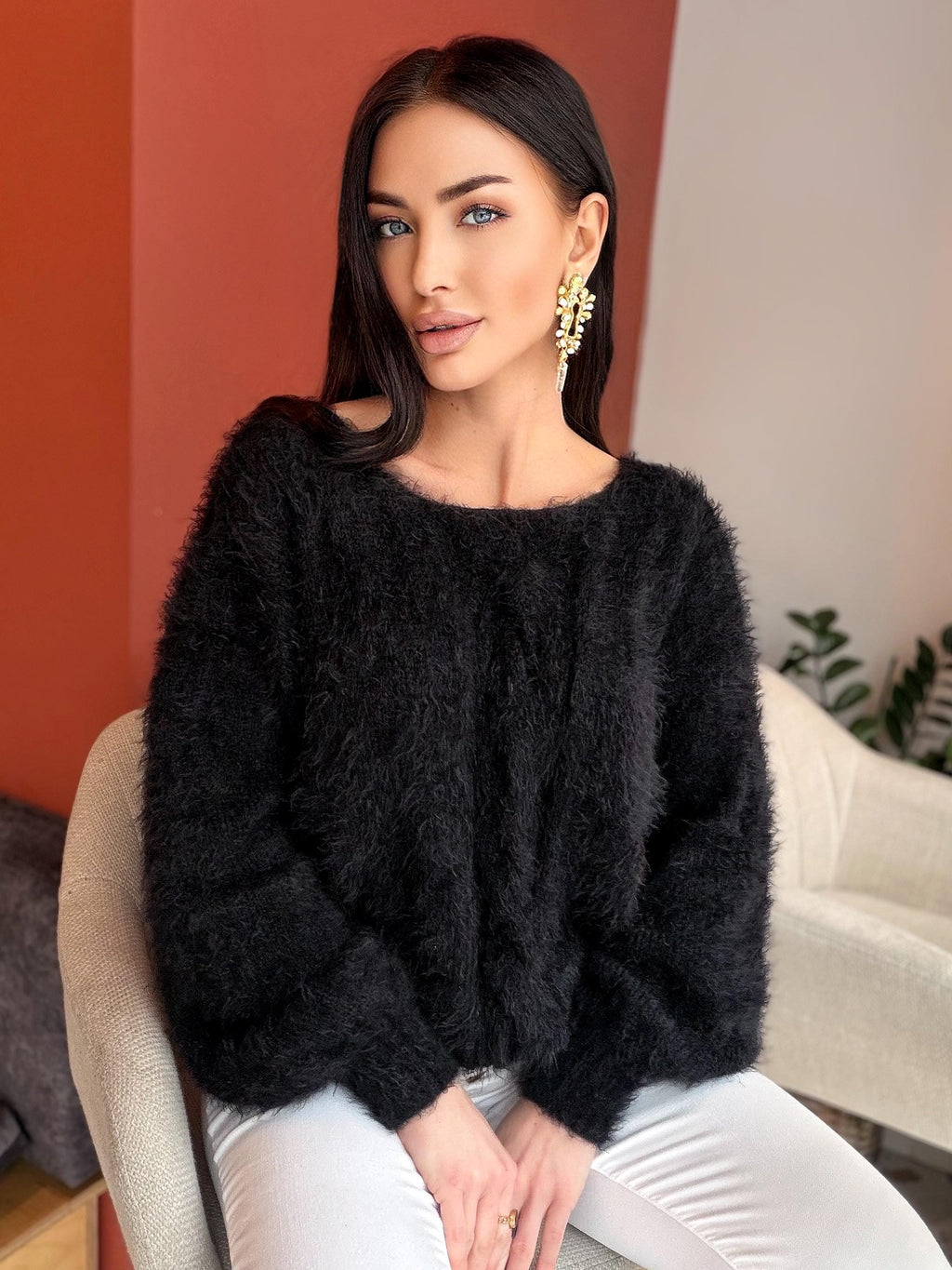Black soft fluffy wool-free sweater Hand knit body friendly sweater Open back Deep neckline Fluffy pullover Loose fit V-neck angora wool