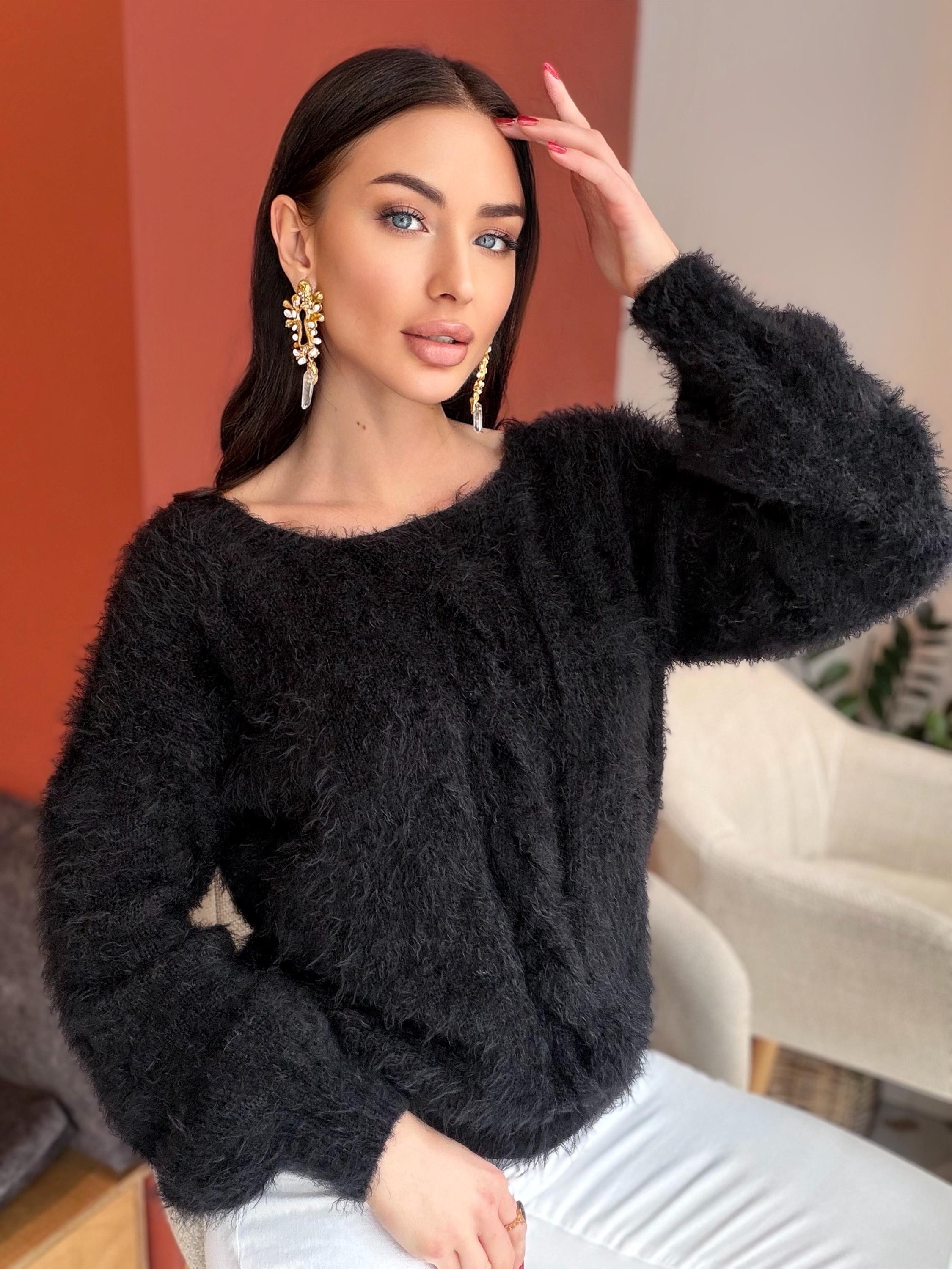 Black soft fluffy wool-free sweater Hand knit body friendly sweater Open back Deep neckline Fluffy pullover Loose fit V-neck angora wool