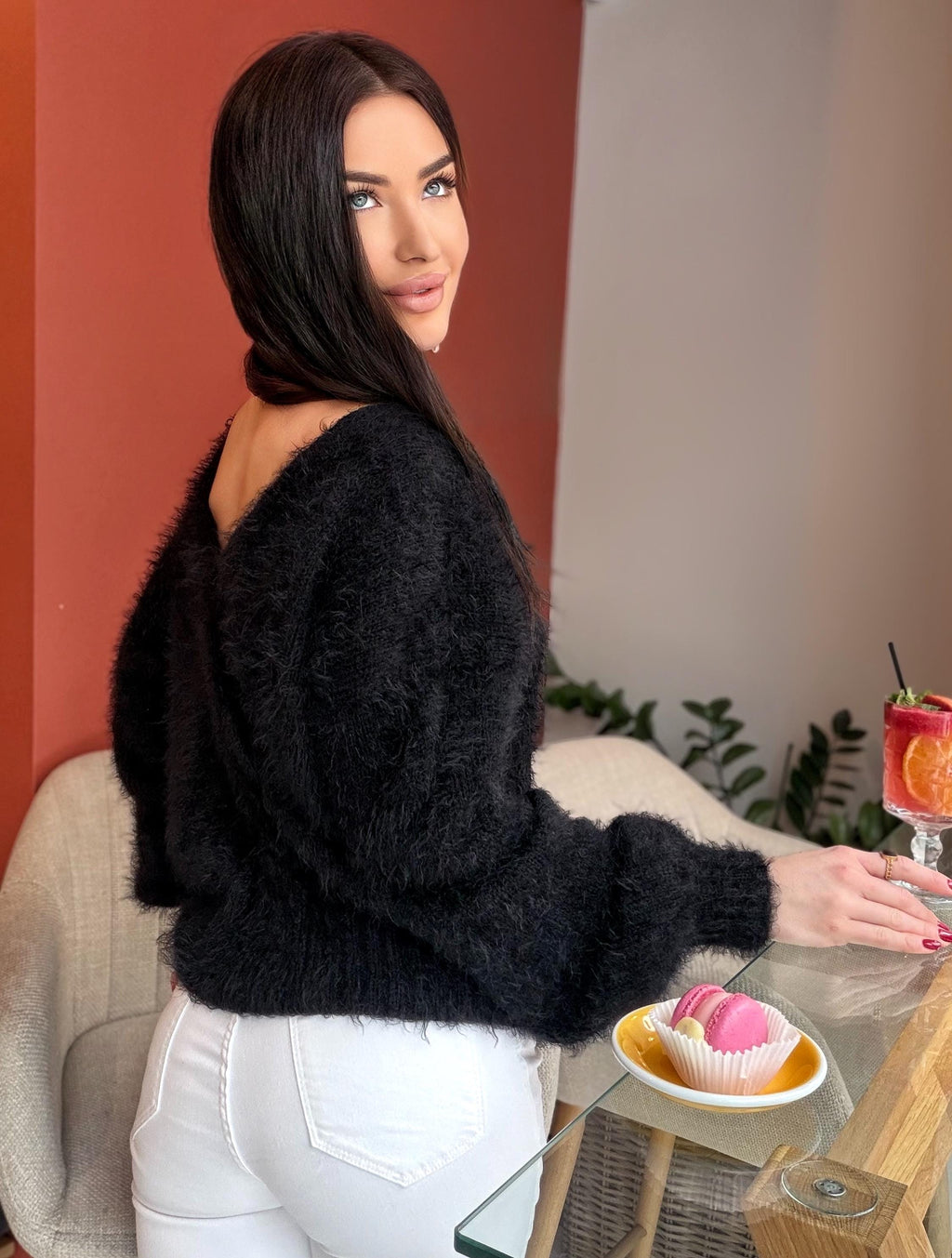 Black soft fluffy wool-free sweater Hand knit body friendly sweater Open back Deep neckline Fluffy pullover Loose fit V-neck angora wool
