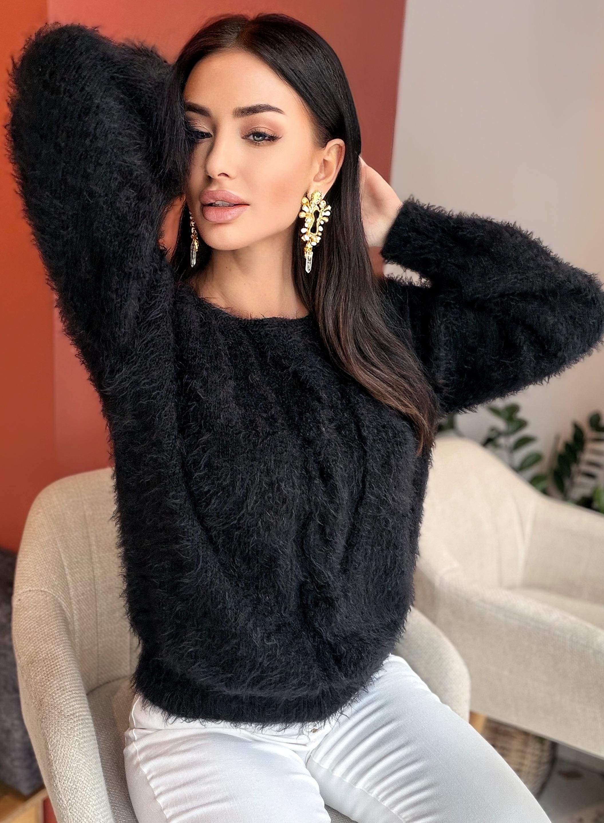 Black soft fluffy wool-free sweater Hand knit body friendly sweater Open back Deep neckline Fluffy pullover Loose fit V-neck angora wool