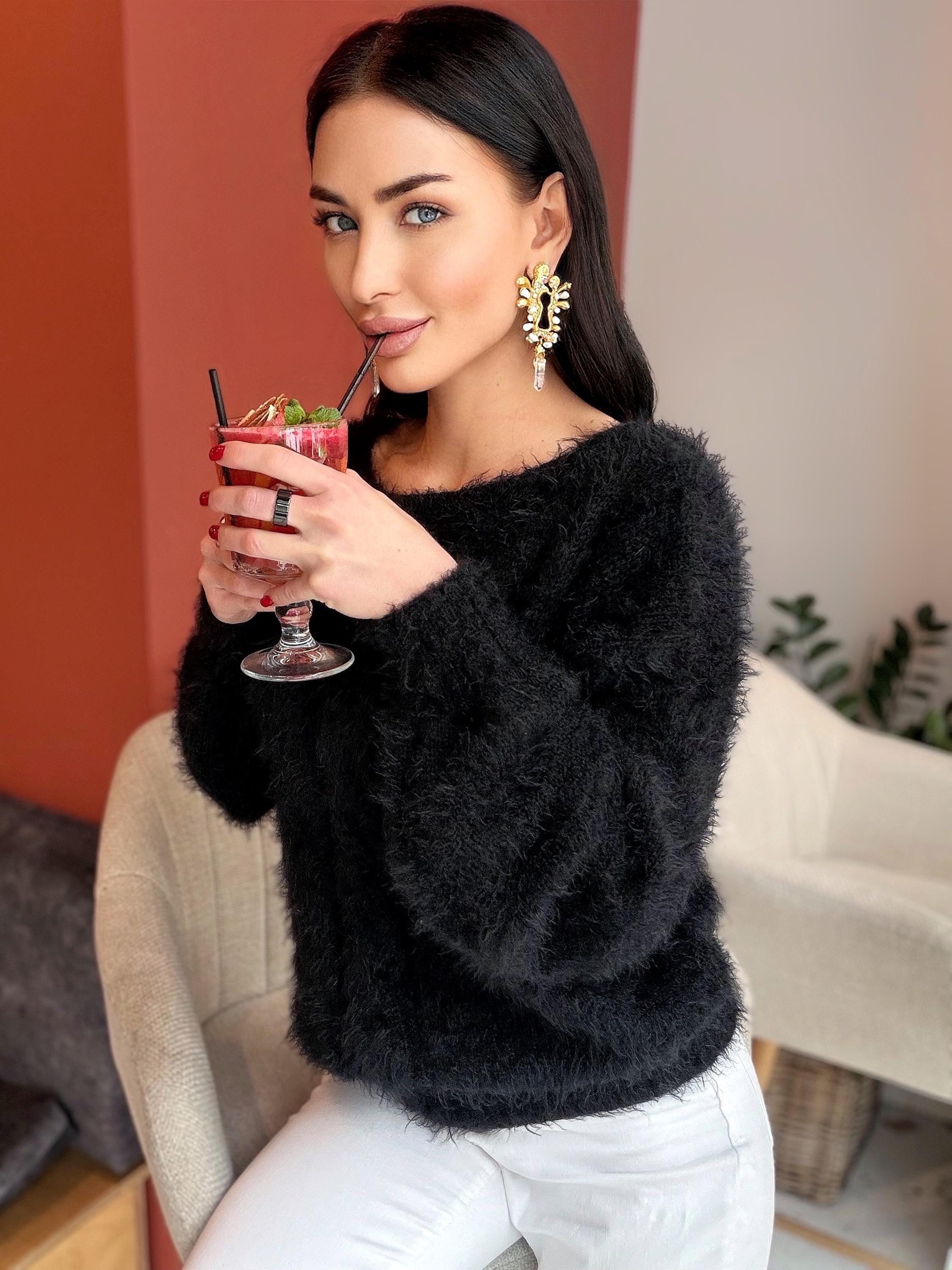 Black soft fluffy wool-free sweater Hand knit body friendly sweater Open back Deep neckline Fluffy pullover Loose fit V-neck angora wool