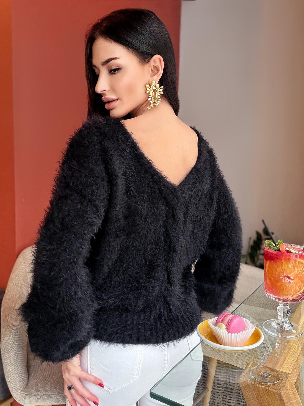 Black soft fluffy wool-free sweater Hand knit body friendly sweater Open back Deep neckline Fluffy pullover Loose fit V-neck angora wool