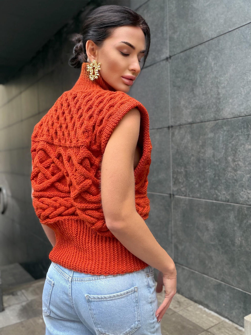 Custom order wool sweater vest Chunky orange hand knit Sweater vest women Cable knit sweater office clothing Sleeveless Crew neck knit vest