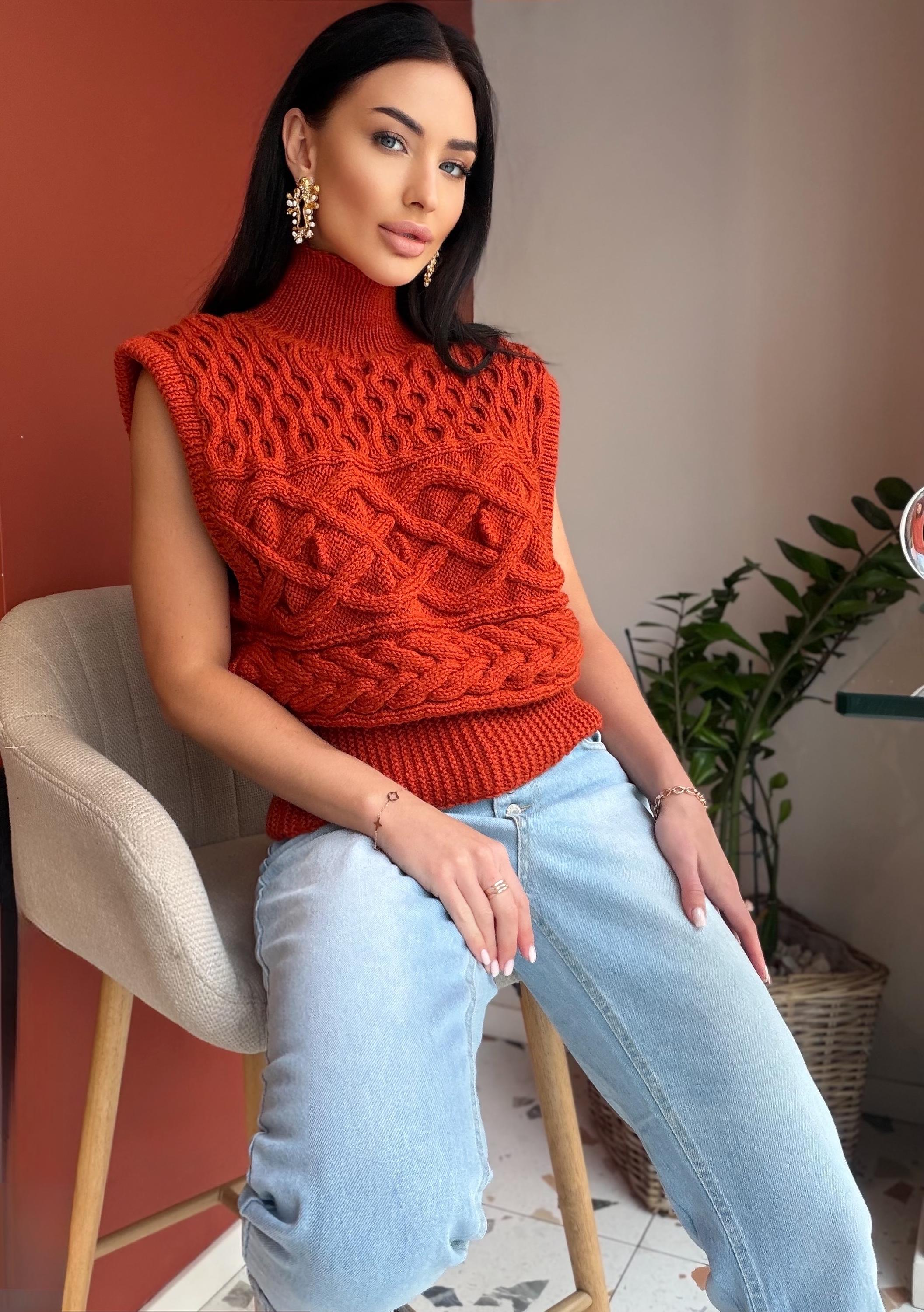 Custom order wool sweater vest Chunky orange hand knit Sweater vest women Cable knit sweater office clothing Sleeveless Crew neck knit vest