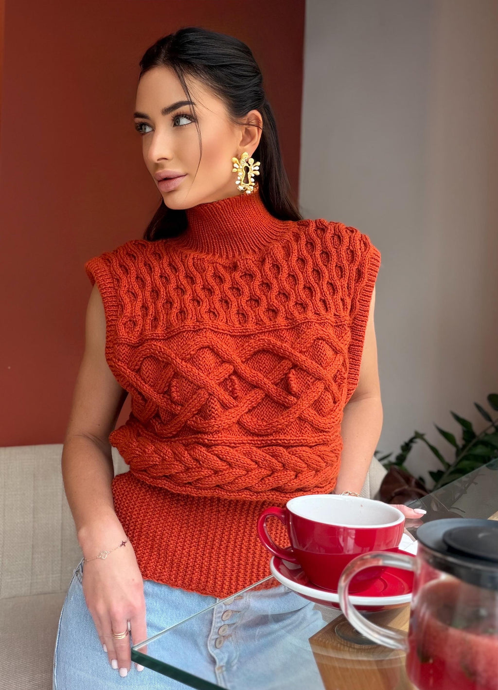 Custom order wool sweater vest Chunky orange hand knit Sweater vest women Cable knit sweater office clothing Sleeveless Crew neck knit vest