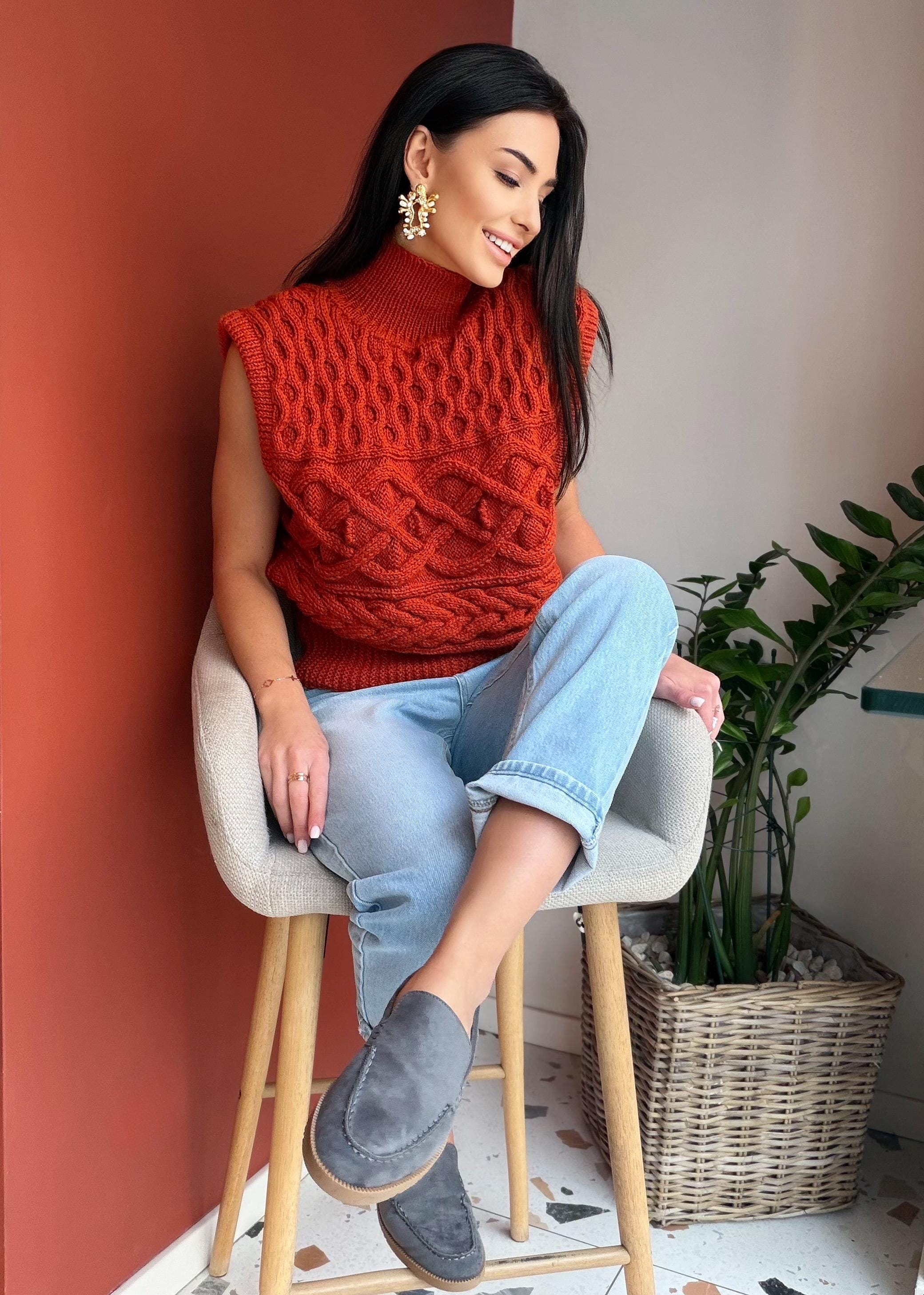 Custom order wool sweater vest Chunky orange hand knit Sweater vest women Cable knit sweater office clothing Sleeveless Crew neck knit vest