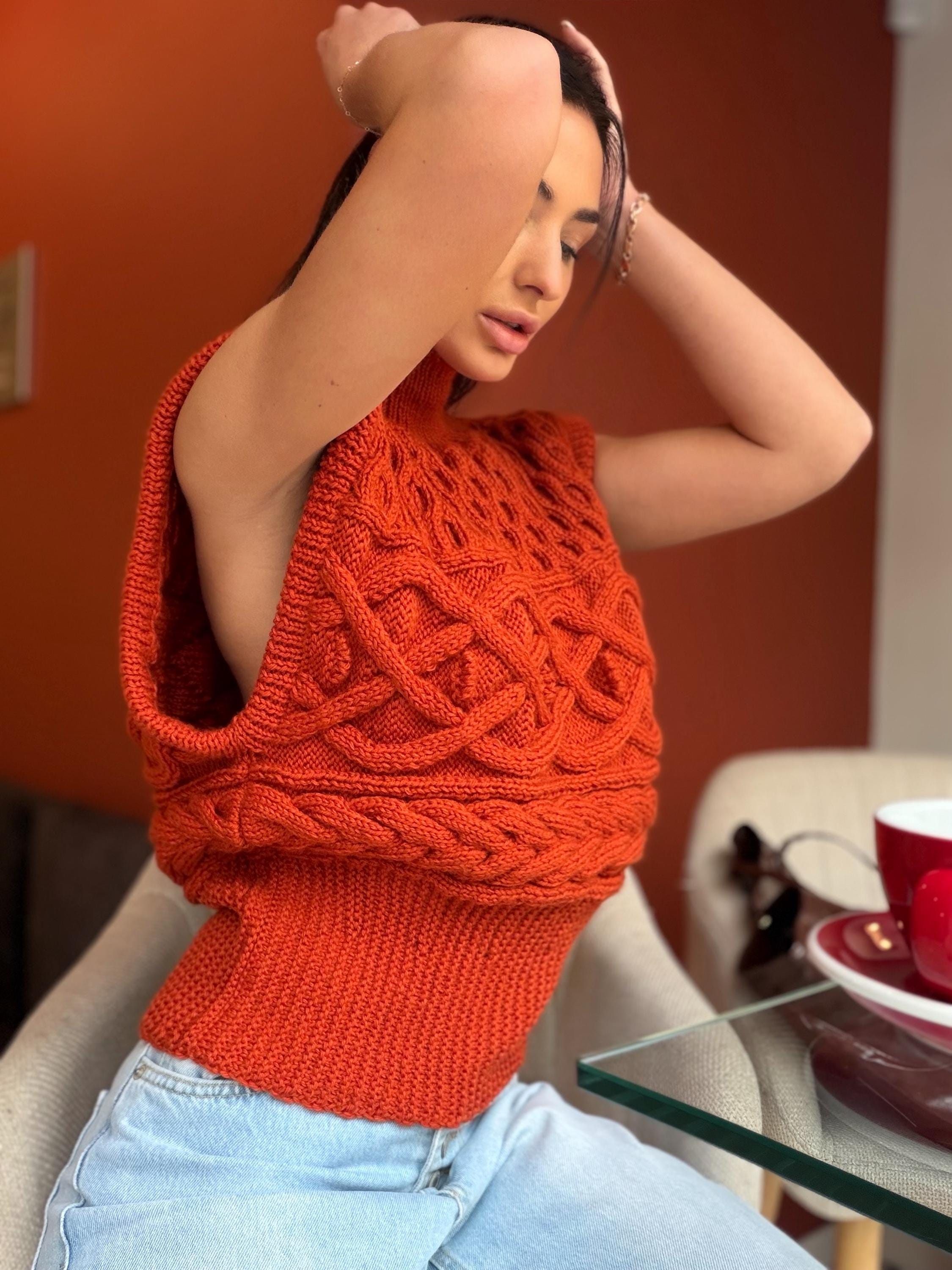 Custom order wool sweater vest Chunky orange hand knit Sweater vest women Cable knit sweater office clothing Sleeveless Crew neck knit vest