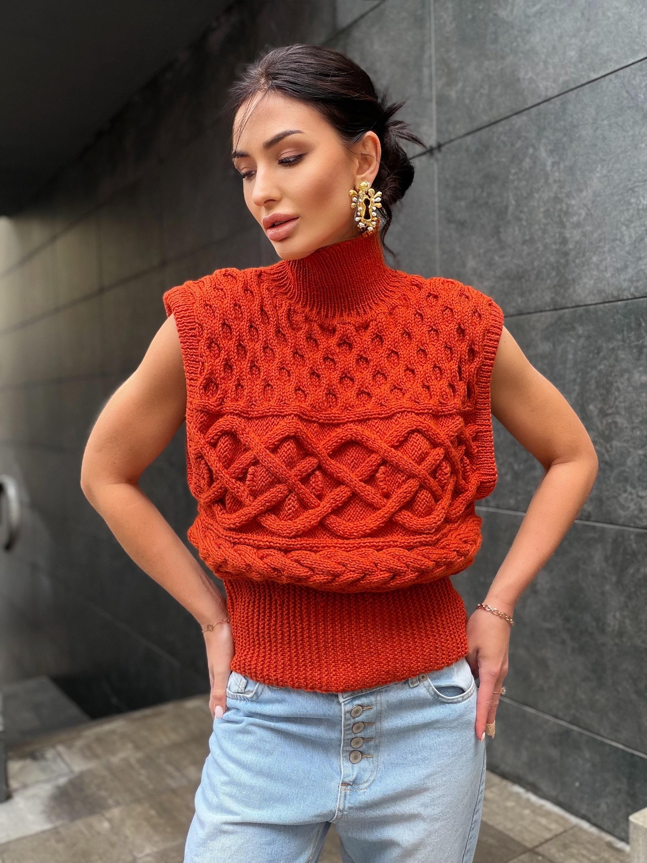 Custom order wool sweater vest Chunky orange hand knit Sweater vest women Cable knit sweater office clothing Sleeveless Crew neck knit vest