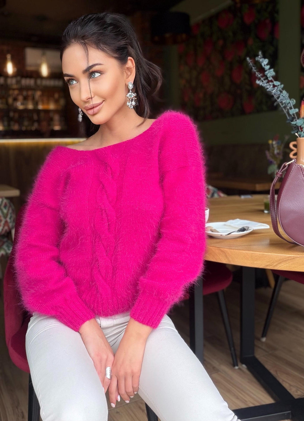 White Milk Cream angora sweater Open back Deep neckline Knit fluffy angora pullover Loose fit oversized V-neck Top long sleevs Cozy gift her