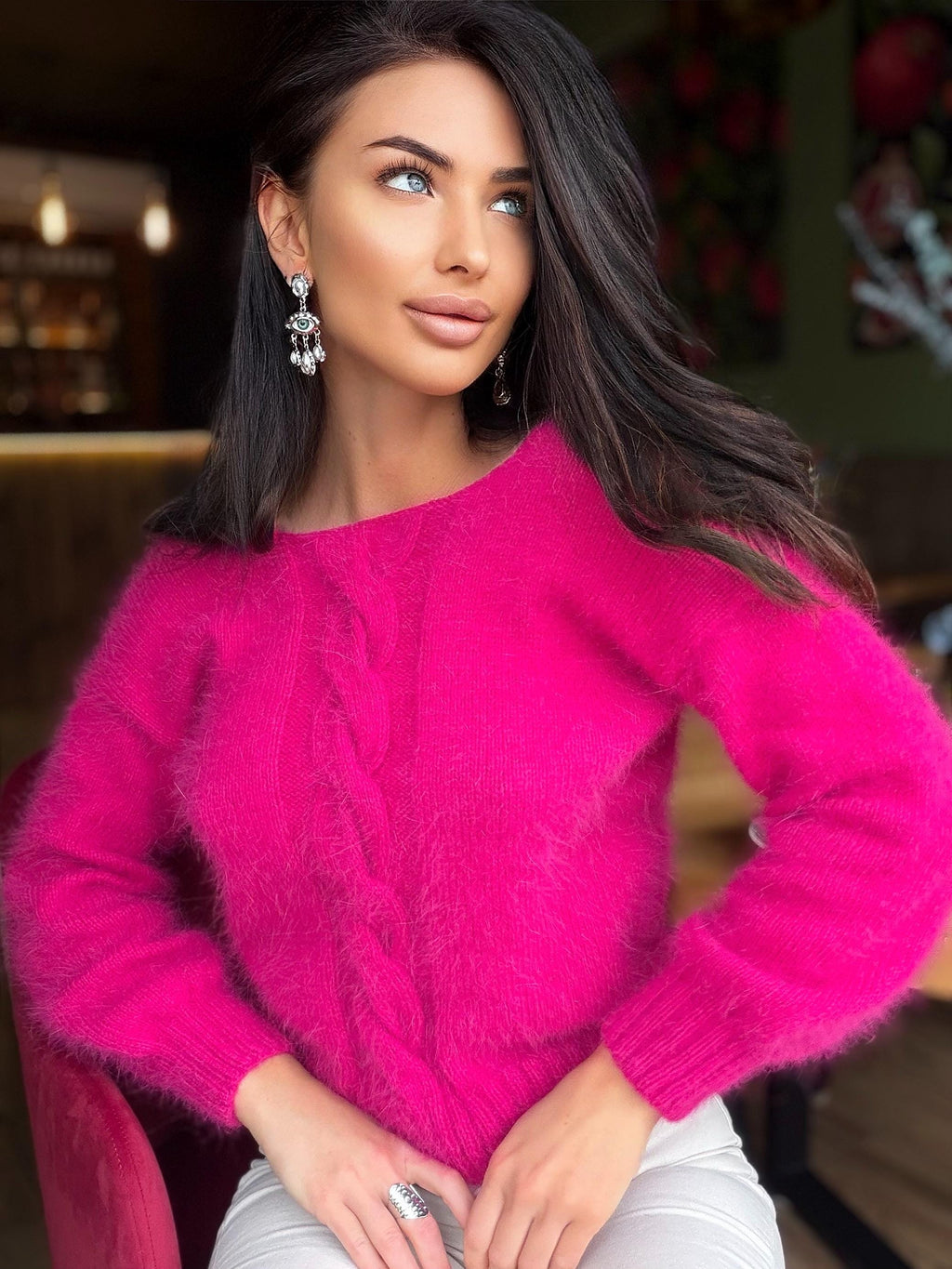 Hand knit fuchsia pink double-sided angora open back/deep neckline pullover Knit fluffy angora Loose fit oversized V-neck sweater top