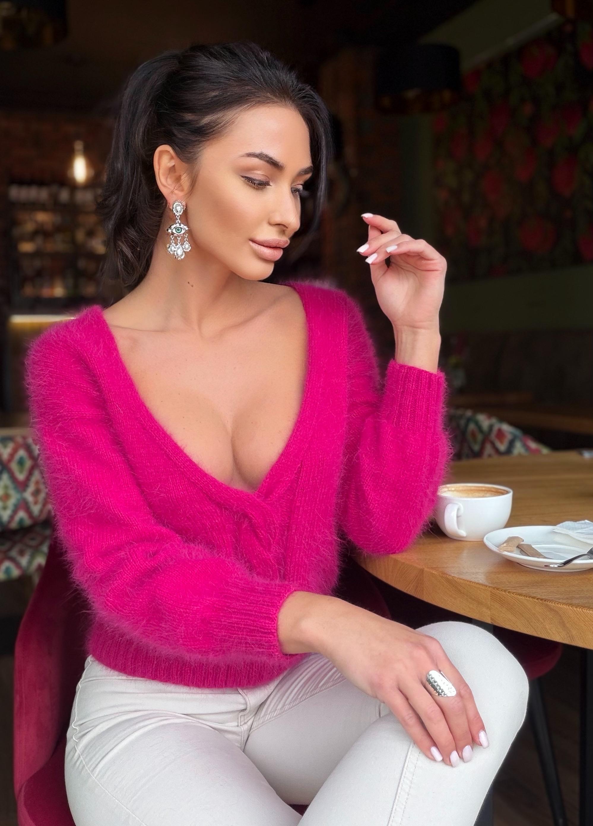 White Milk Cream angora sweater Open back Deep neckline Knit fluffy angora pullover Loose fit oversized V-neck Top long sleevs Cozy gift her