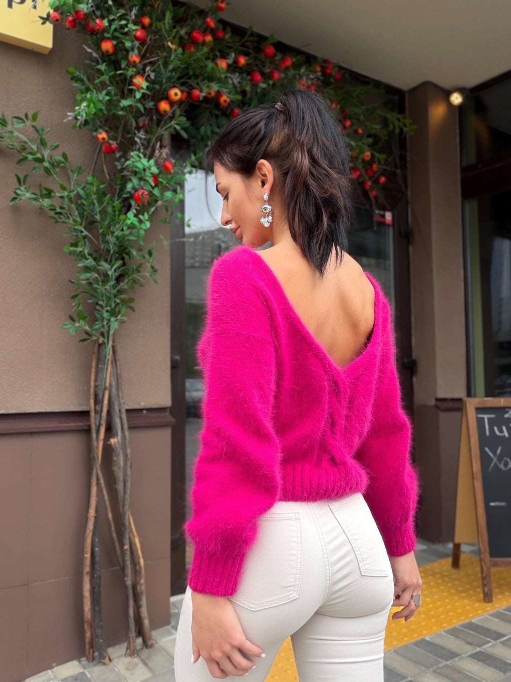 White Milk Cream angora sweater Open back Deep neckline Knit fluffy angora pullover Loose fit oversized V-neck Top long sleevs Cozy gift her