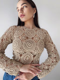 Crochet beige blouse Lace crochet top Crochet sweater Vintage crochet white lace Long sleeve top 70s Boho Women Knit blouse gift for her
