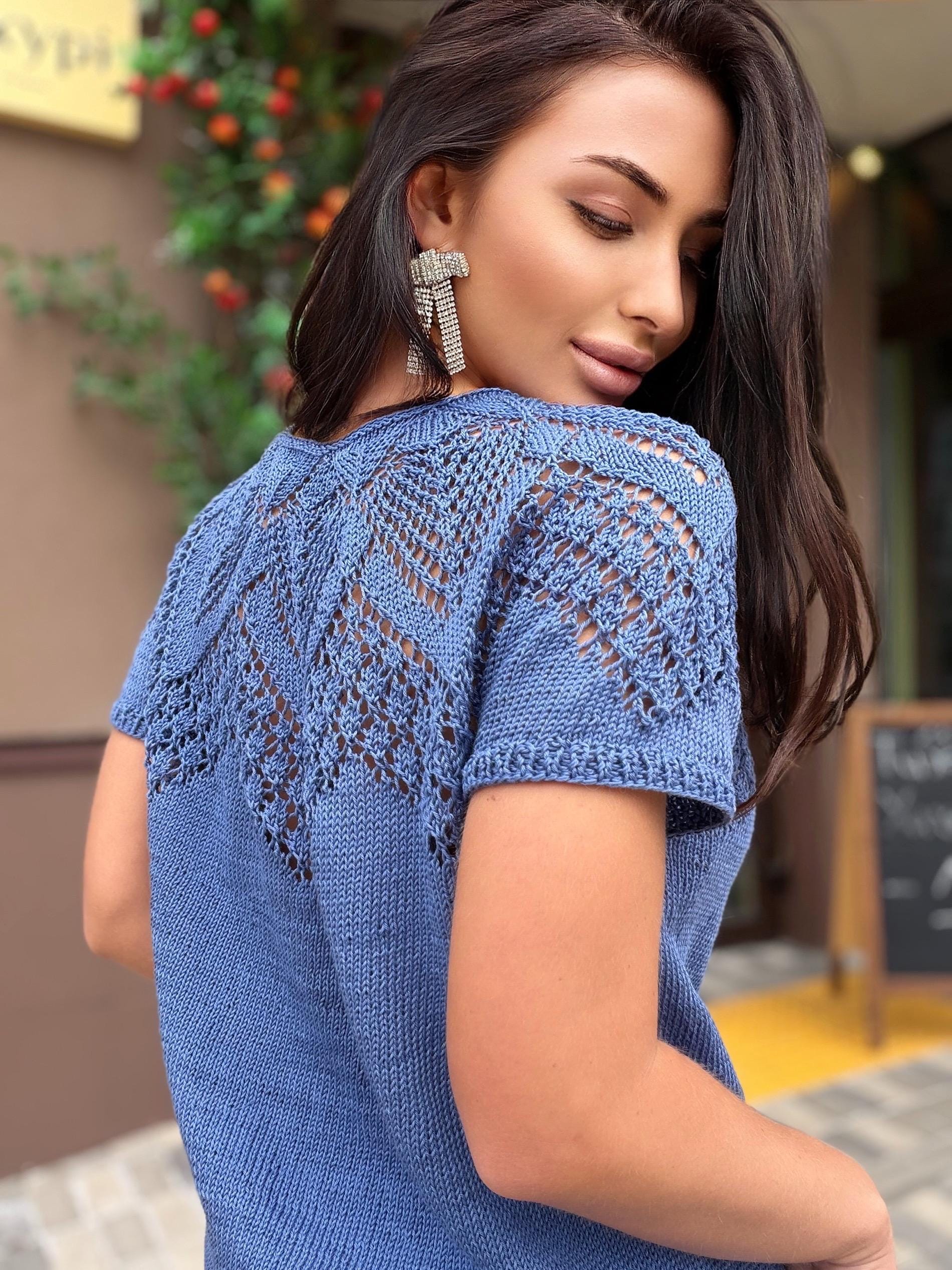 Hand knit cotton openwork light blue top T-shirt color "jeans" Spring crochet sweater top short-sleeve Eco Friendly pullover sleeveless