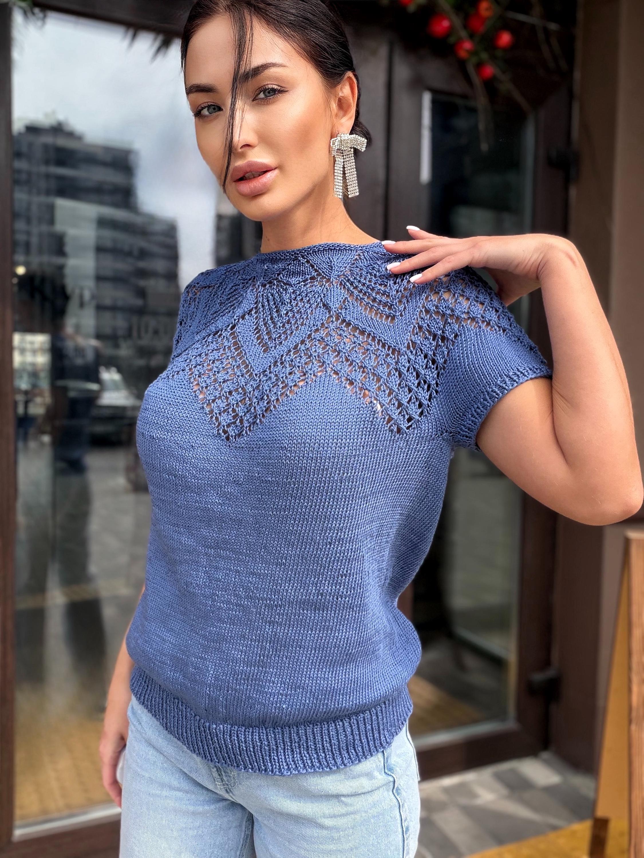 Hand knit cotton openwork light blue top T-shirt color "jeans" Spring crochet sweater top short-sleeve Eco Friendly pullover sleeveless