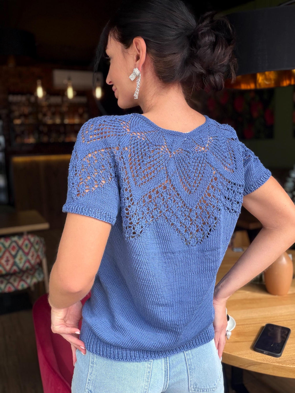 Hand knit cotton openwork light blue top T-shirt color "jeans" Spring crochet sweater top short-sleeve Eco Friendly pullover sleeveless