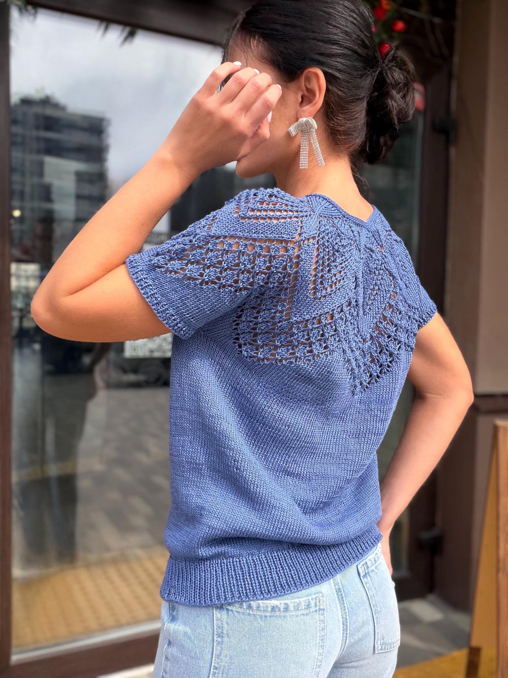 Hand knit cotton openwork light blue top T-shirt color "jeans" Spring crochet sweater top short-sleeve Eco Friendly pullover sleeveless