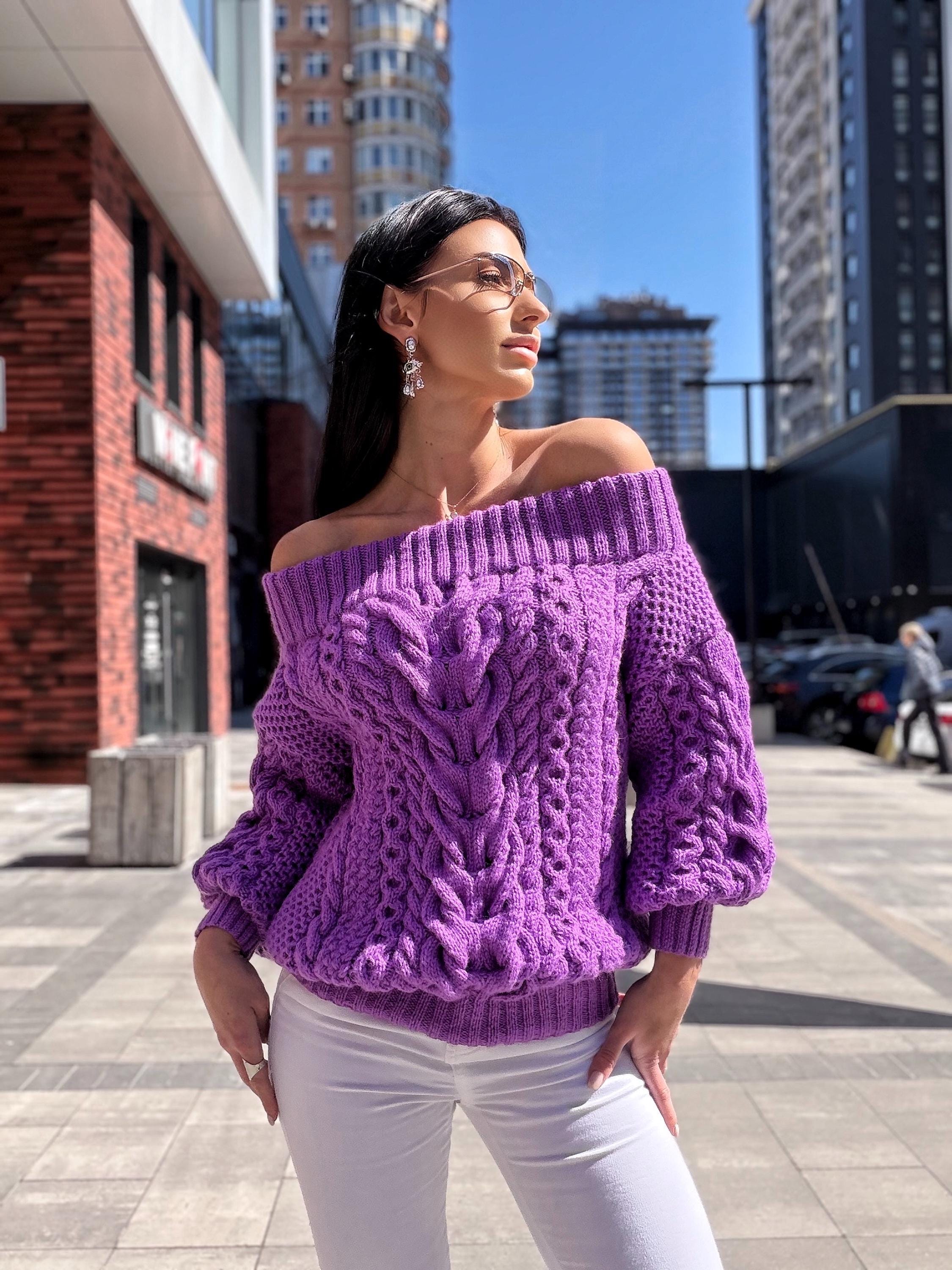 Hand knit violet wool cotton off shoulders sweater Lavender knitted pullover Purple Oversized sweater Cable knit Chunky Loose knit sweater