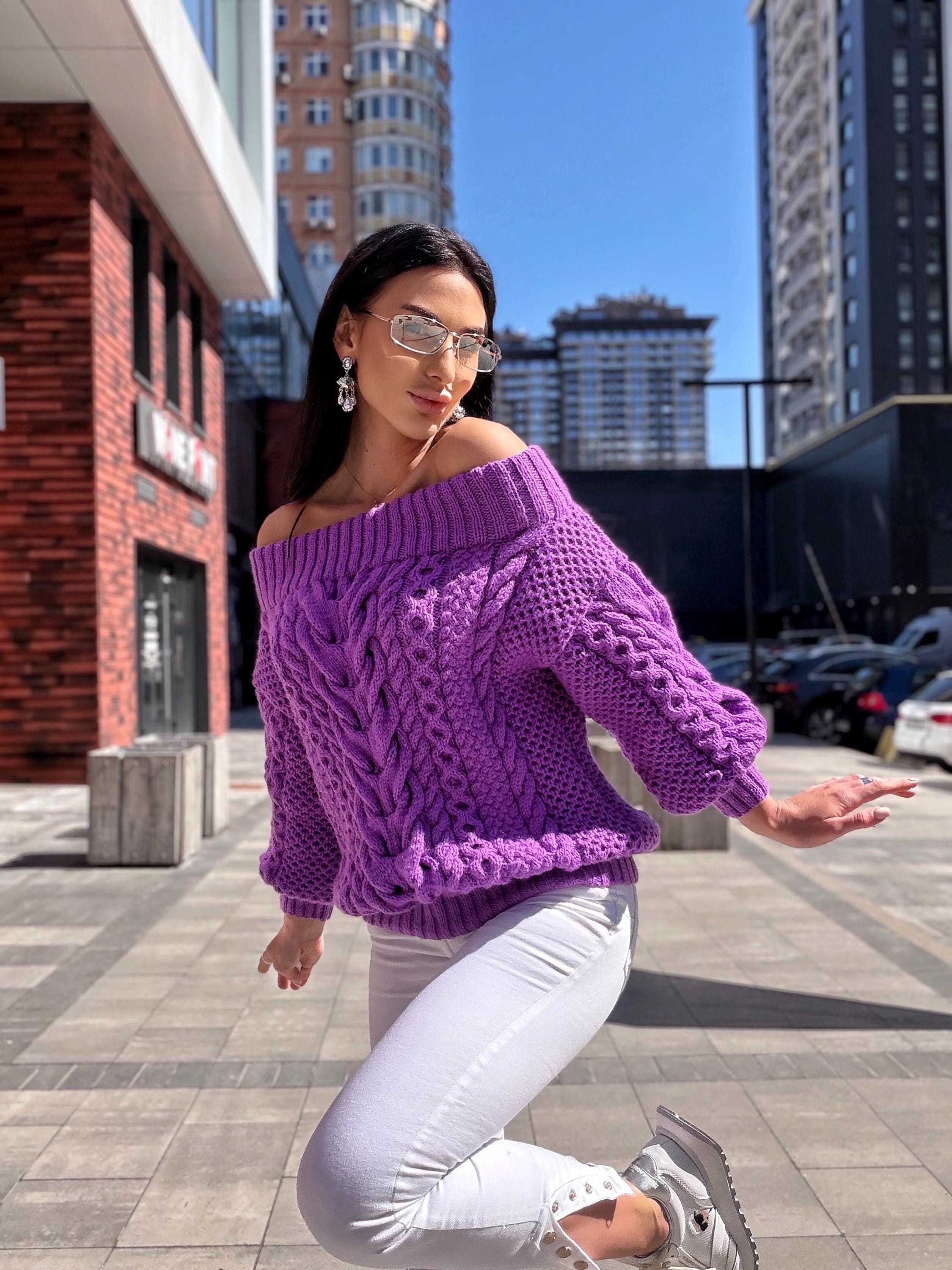 Hand knit violet wool cotton off shoulders sweater Lavender knitted pullover Purple Oversized sweater Cable knit Chunky Loose knit sweater