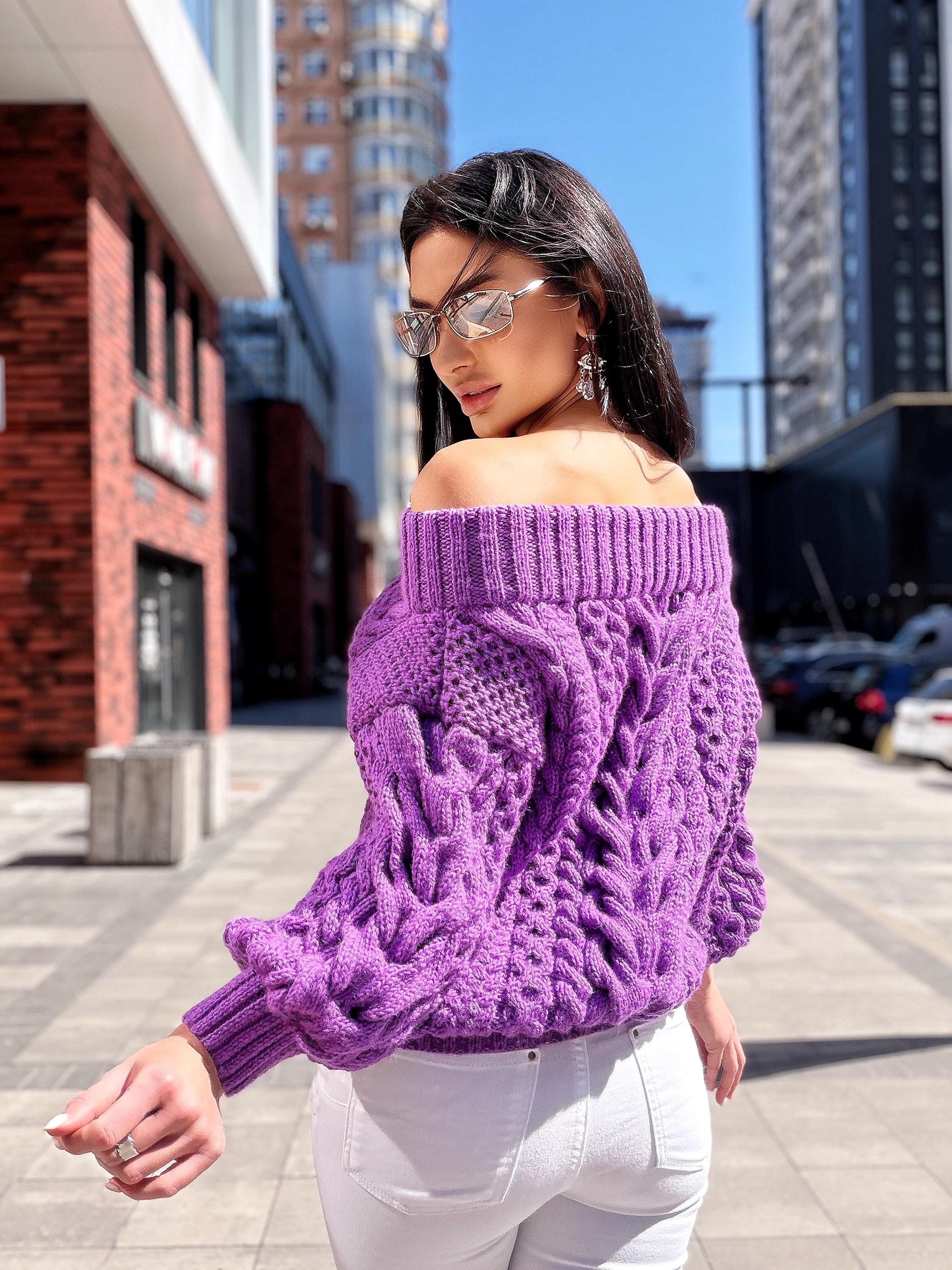 Hand knit violet wool cotton off shoulders sweater Lavender knitted pullover Purple Oversized sweater Cable knit Chunky Loose knit sweater