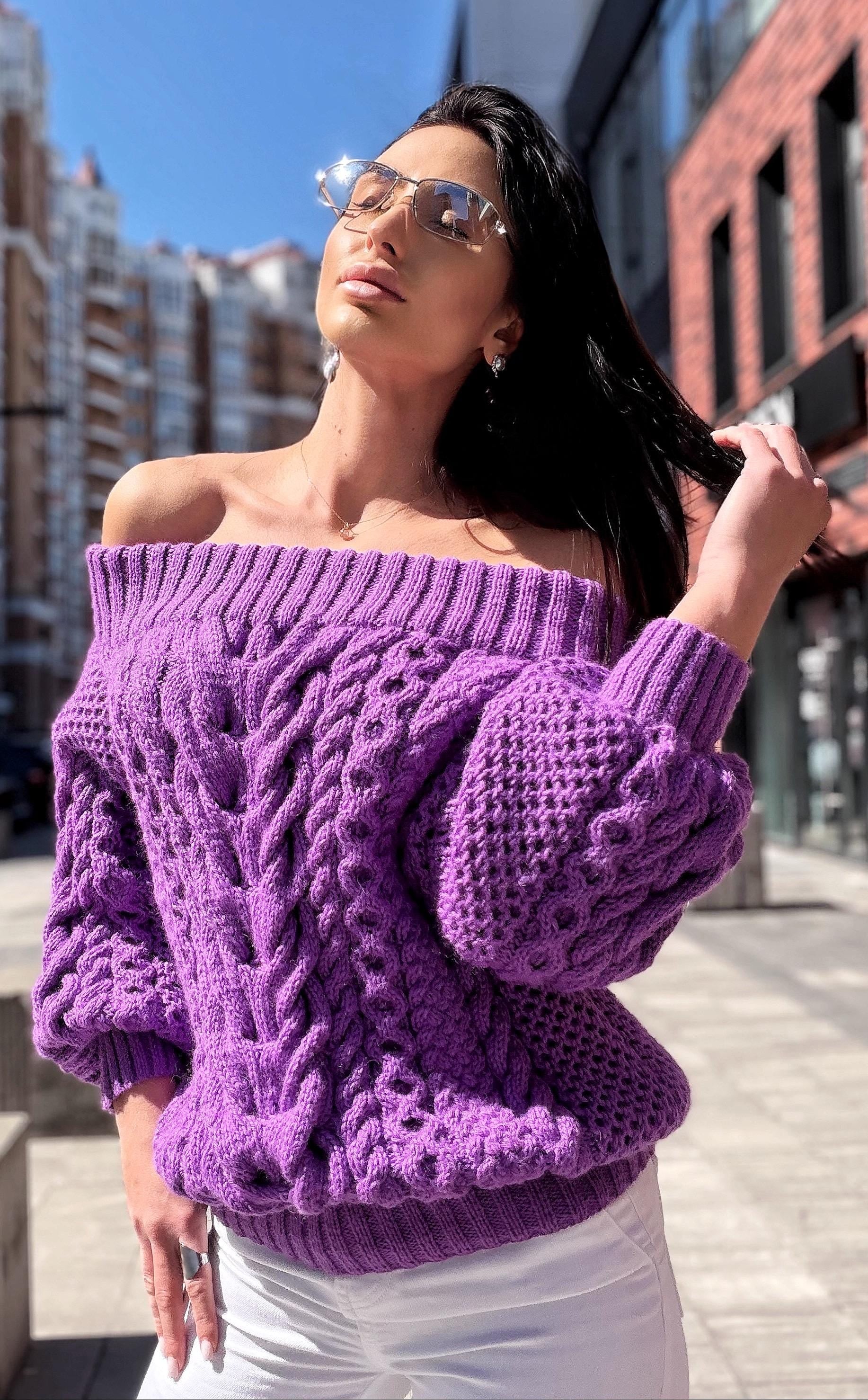 Hand knit violet wool cotton off shoulders sweater Lavender knitted pullover Purple Oversized sweater Cable knit Chunky Loose knit sweater