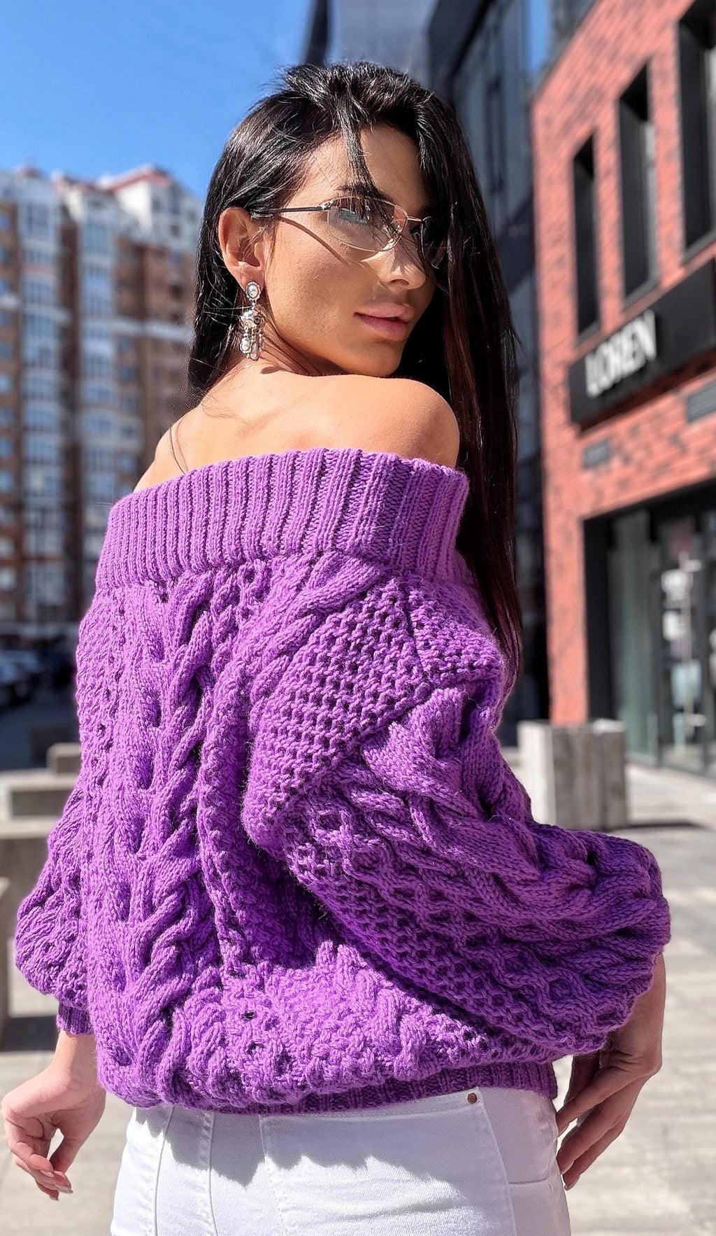 Hand knit violet wool cotton off shoulders sweater Lavender knitted pullover Purple Oversized sweater Cable knit Chunky Loose knit sweater